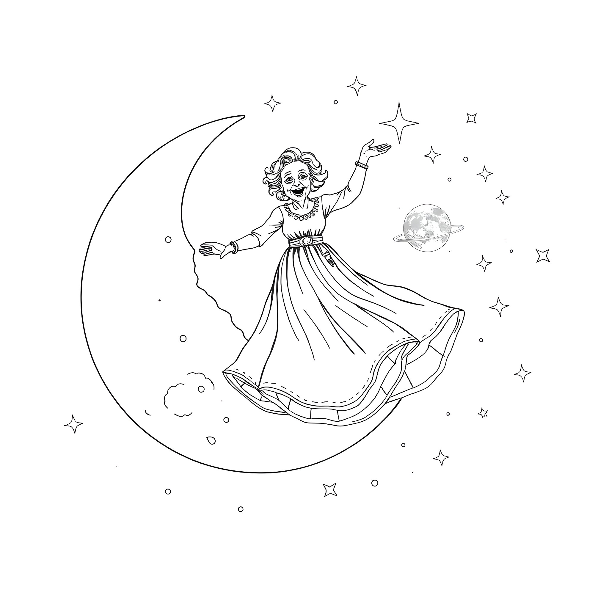 Grandma dancing joyfully under the starry sky Coloring Page (free black-and-white line drawing printable PDF for all, from beginners to advanced learners, including children, teens, adults, and seniors)
