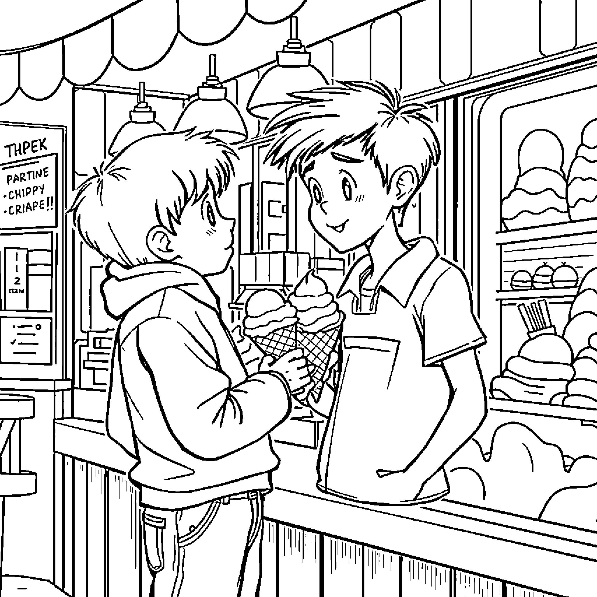 Ice Cream Shared with Friends at the Shop Coloring Page (free black-and-white line drawing printable PDF for all, from beginners to advanced learners, including children, teens, adults, and seniors)