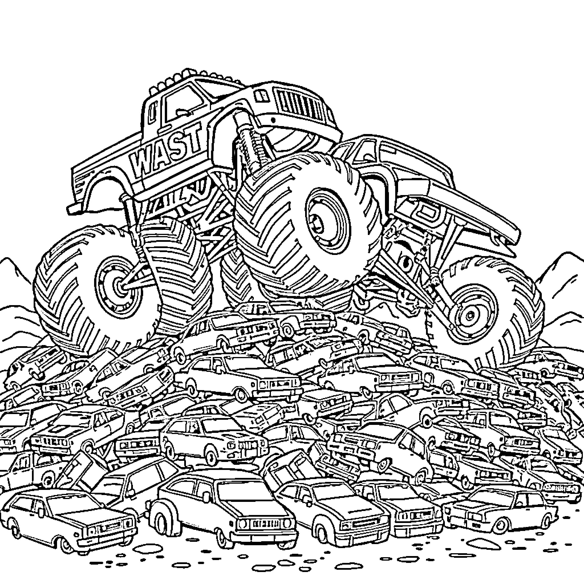 Monster Truck crushing through a pile of cars Coloring Page (free black-and-white line drawing printable PDF for all, from beginners to advanced learners, including children, teens, adults, and seniors)