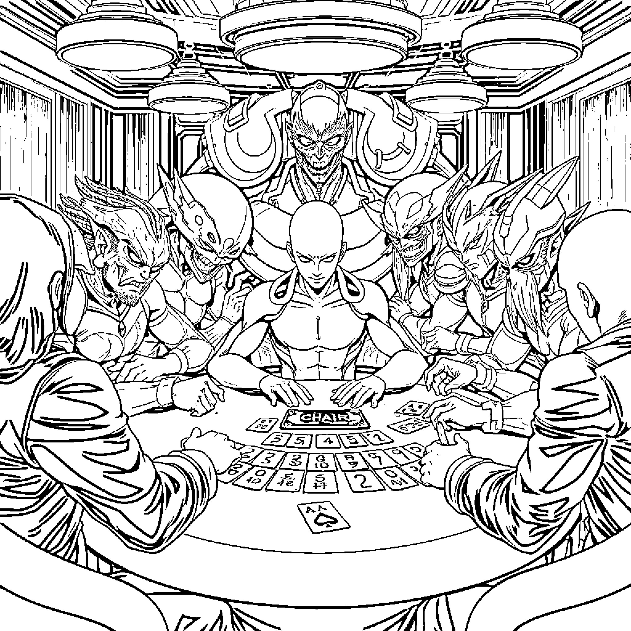 Saitama Facing Off Powerful Foes in a High-Stakes Game Coloring Page (free black-and-white line drawing printable PDF for all, from beginners to advanced learners, including children, teens, adults, and seniors)