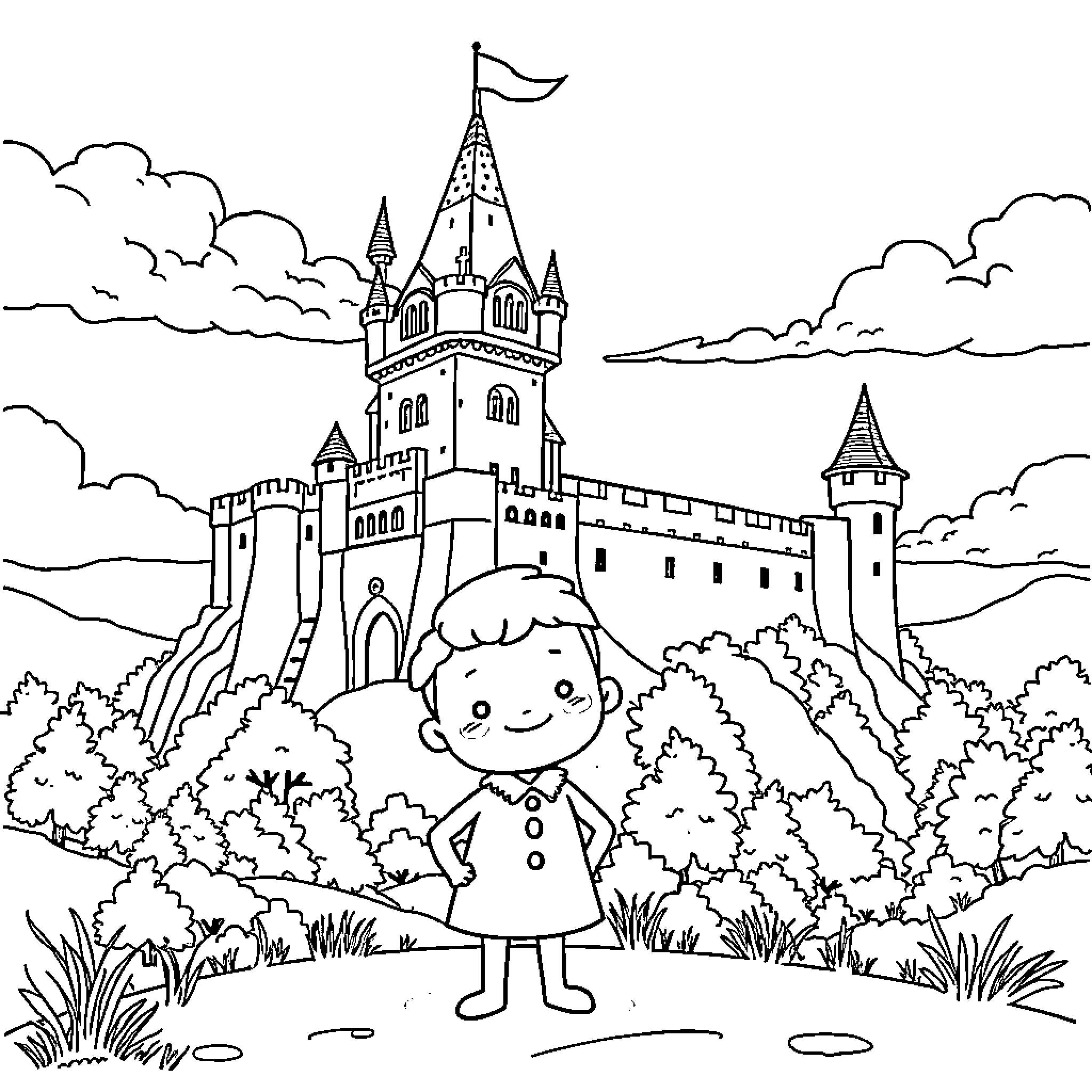Kawaii child exploring magical castle landscape Coloring Page (free black-and-white line drawing printable PDF for all, from beginners to advanced learners, including children, teens, adults, and seniors)