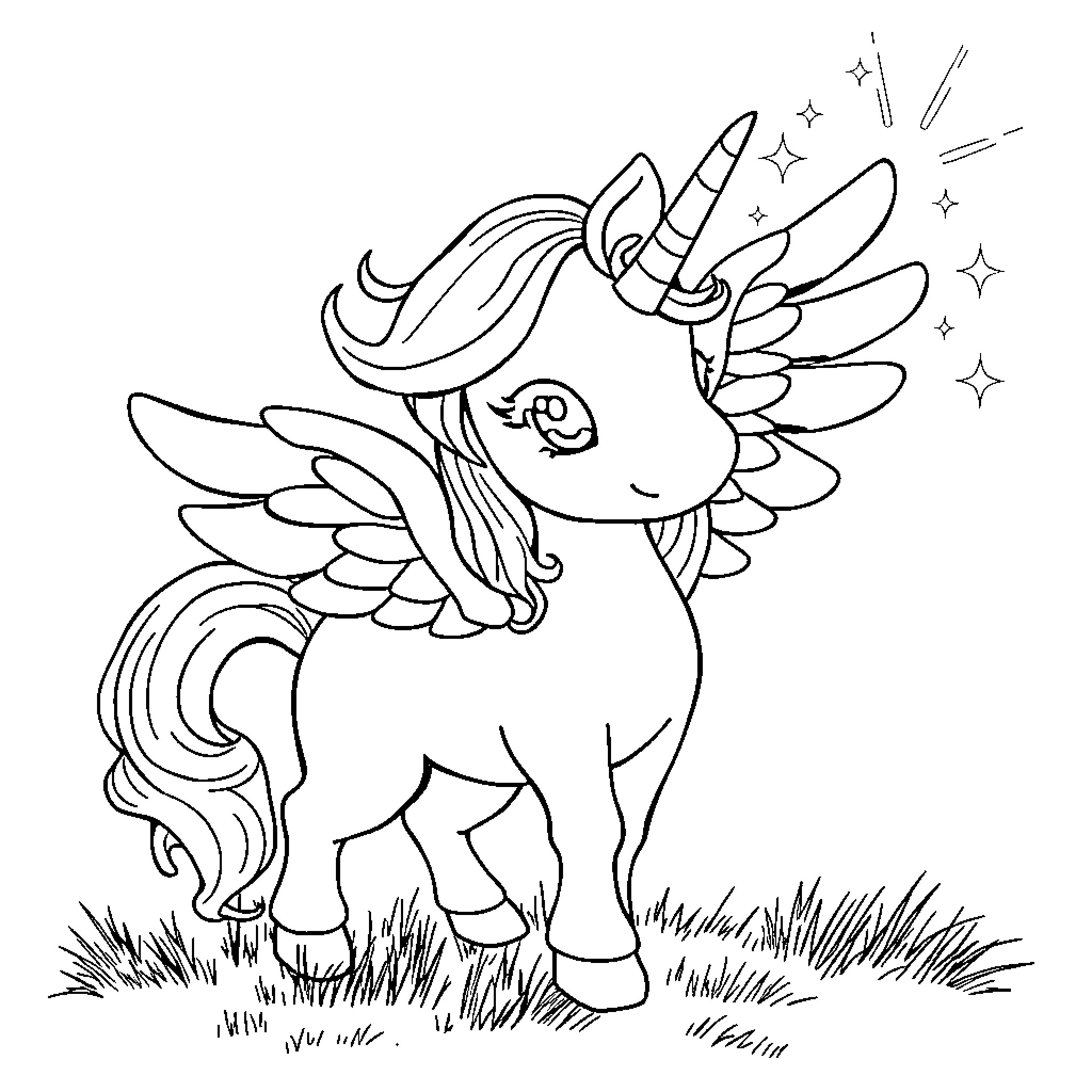 Unicorn with wings and stars in a field Coloring Page (free black-and-white line drawing printable PDF for all, from beginners to advanced learners, including children, teens, adults, and seniors)