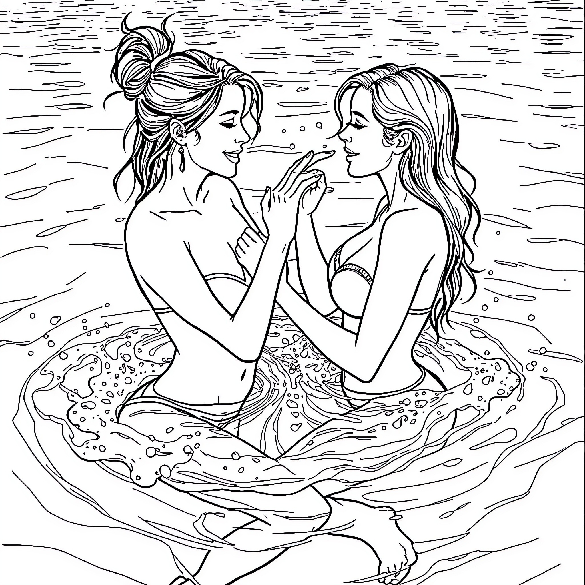 Babes Embrace in Watery Haven Coloring Page (free black-and-white line drawing printable PDF for all, from beginners to advanced learners, including children, teens, adults, and seniors)