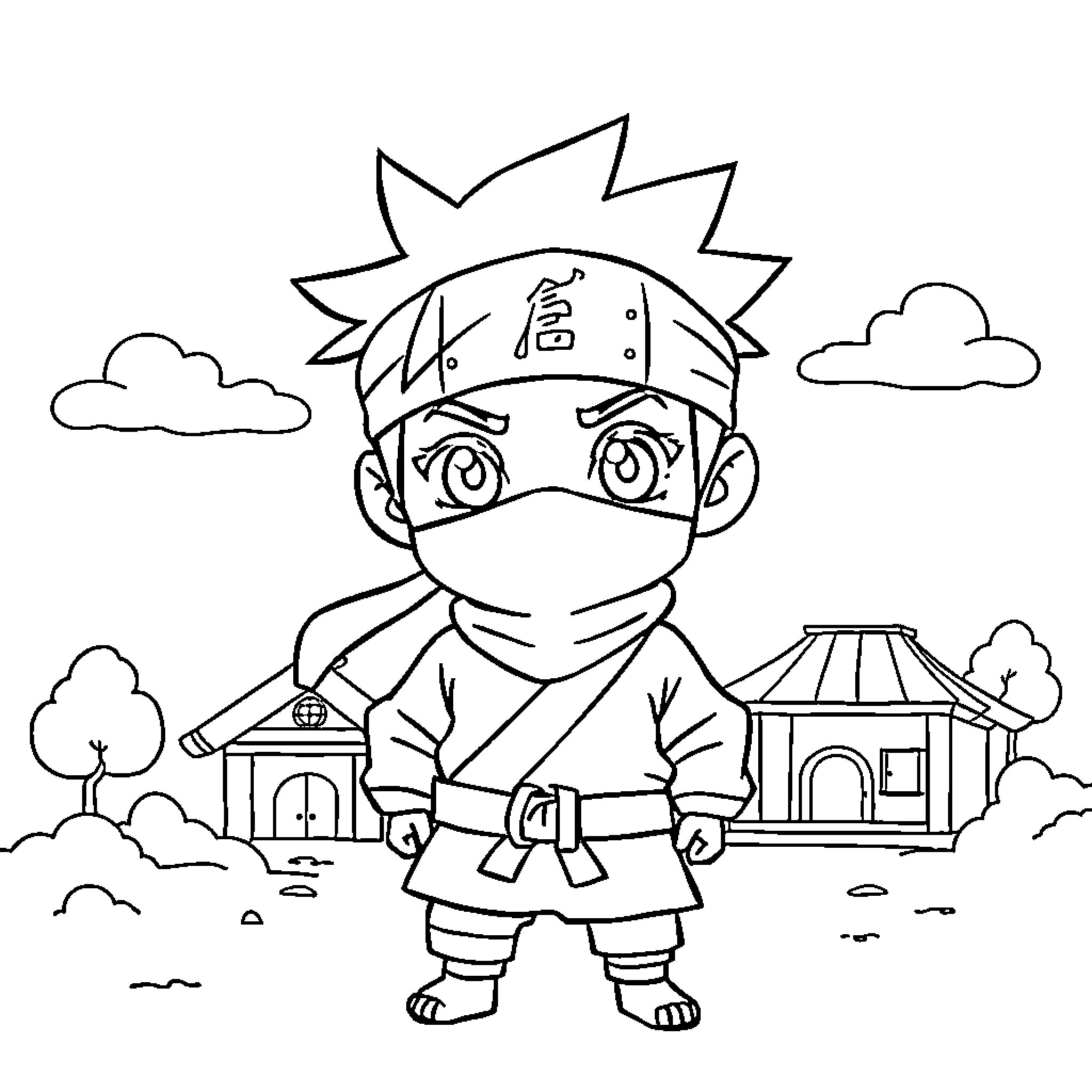 Ninja in a Playful Pose on a Rural Scene Coloring Page (free black-and-white line drawing printable PDF for all, from beginners to advanced learners, including children, teens, adults, and seniors)
