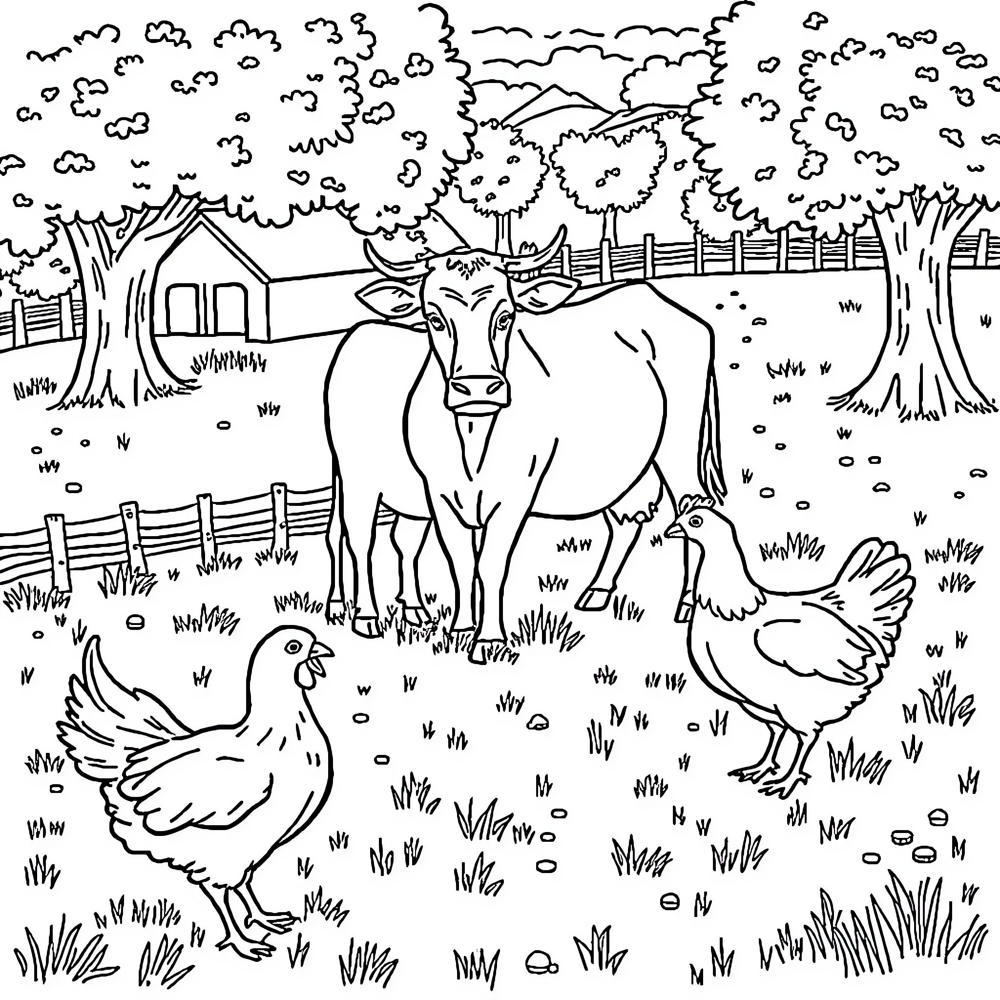 Farm Animal Scenes with Cow and Chicken Coloring Page (free black-and-white line drawing printable PDF for all, from beginners to advanced learners, including children, teens, adults, and seniors)