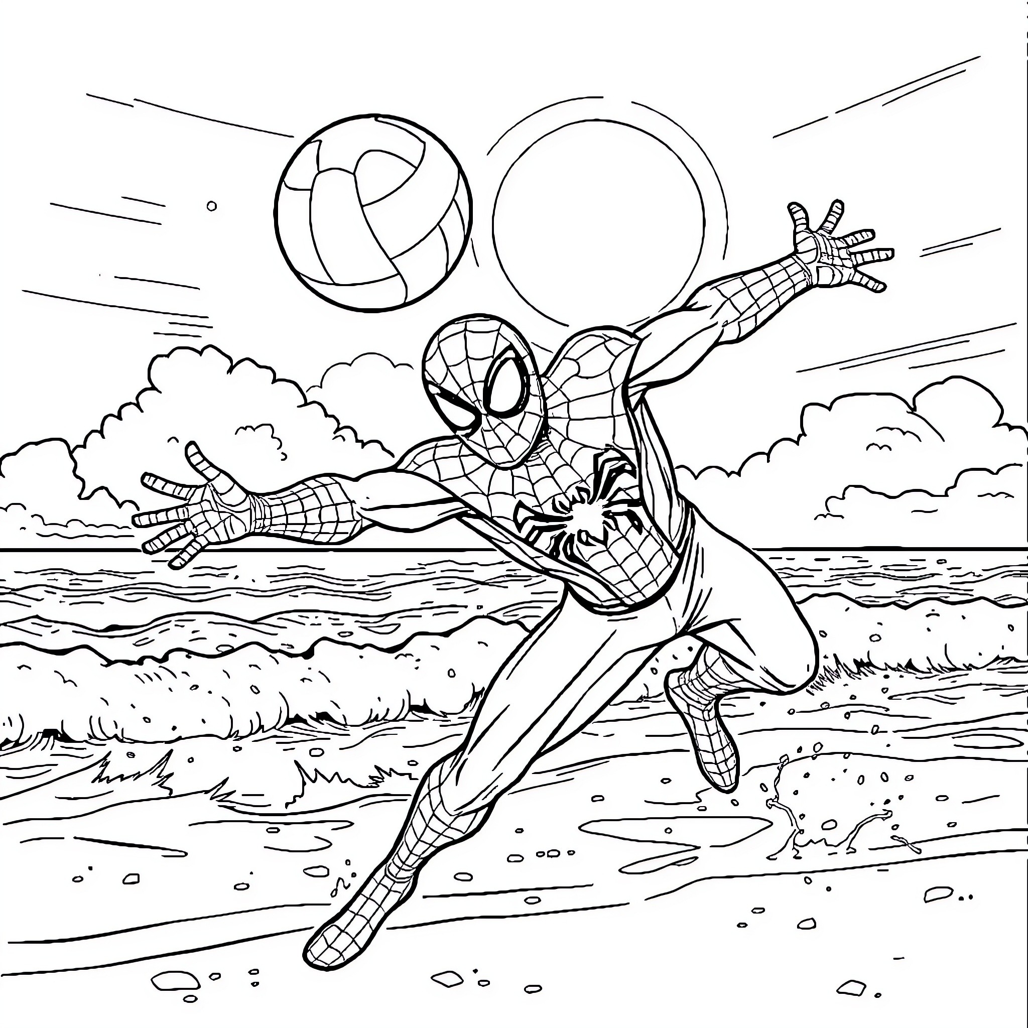 Spiderman swinging over the waves with volleyball Coloring Page (free black-and-white line drawing printable PDF for all, from beginners to advanced learners, including children, teens, adults, and seniors)