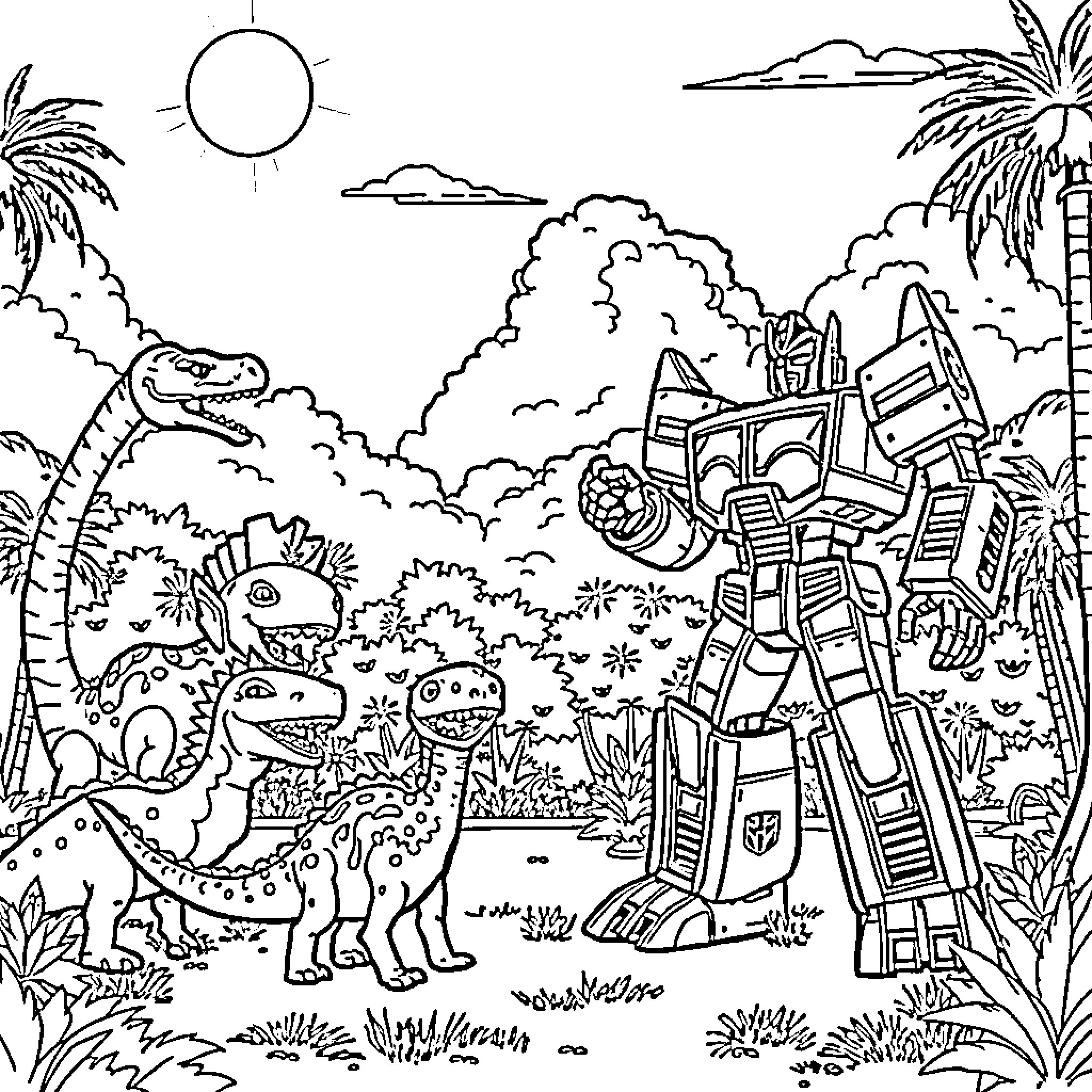Transformer robot confronts prehistoric dinosaurs in a tropical landscape Coloring Page (free black-and-white line drawing printable PDF for all, from beginners to advanced learners, including children, teens, adults, and seniors)