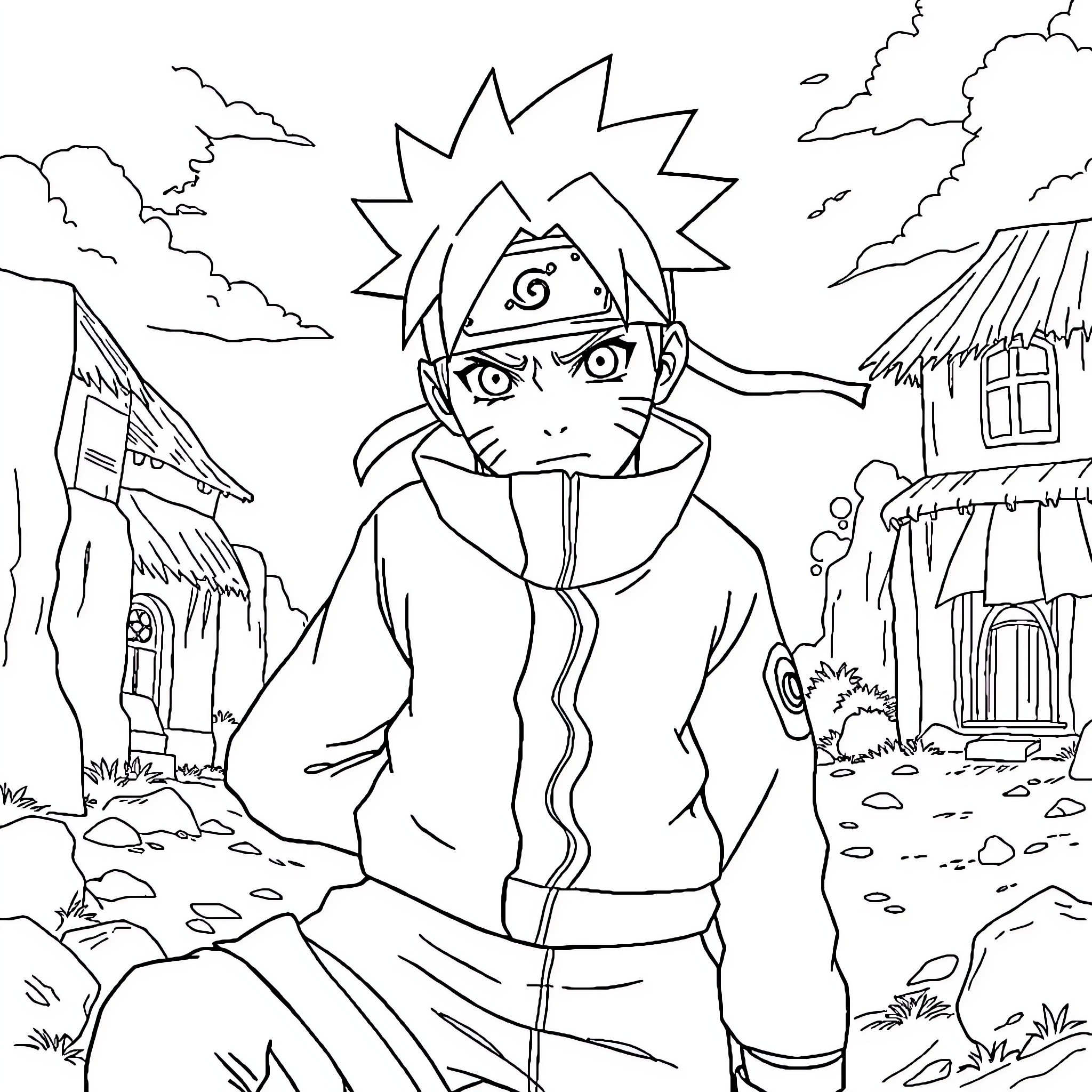 Naruto exploring the village with determination Coloring Page (free black-and-white line drawing printable PDF for all, from beginners to advanced learners, including children, teens, adults, and seniors)