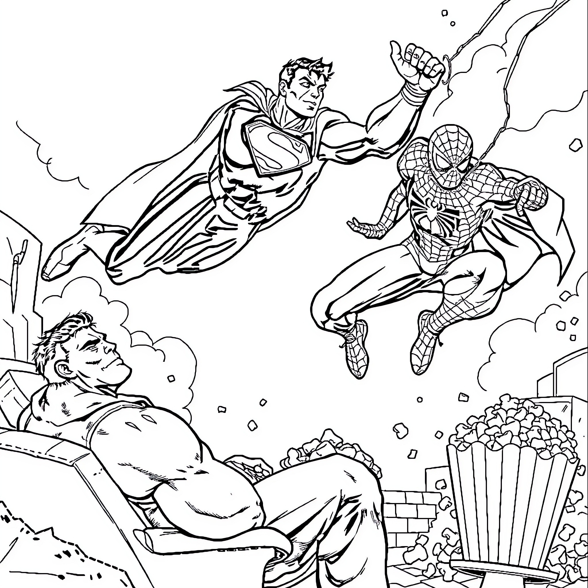 Superman and Spider-Man fighting villains in the city Coloring Page (free black-and-white line drawing printable PDF for all, from beginners to advanced learners, including children, teens, adults, and seniors)