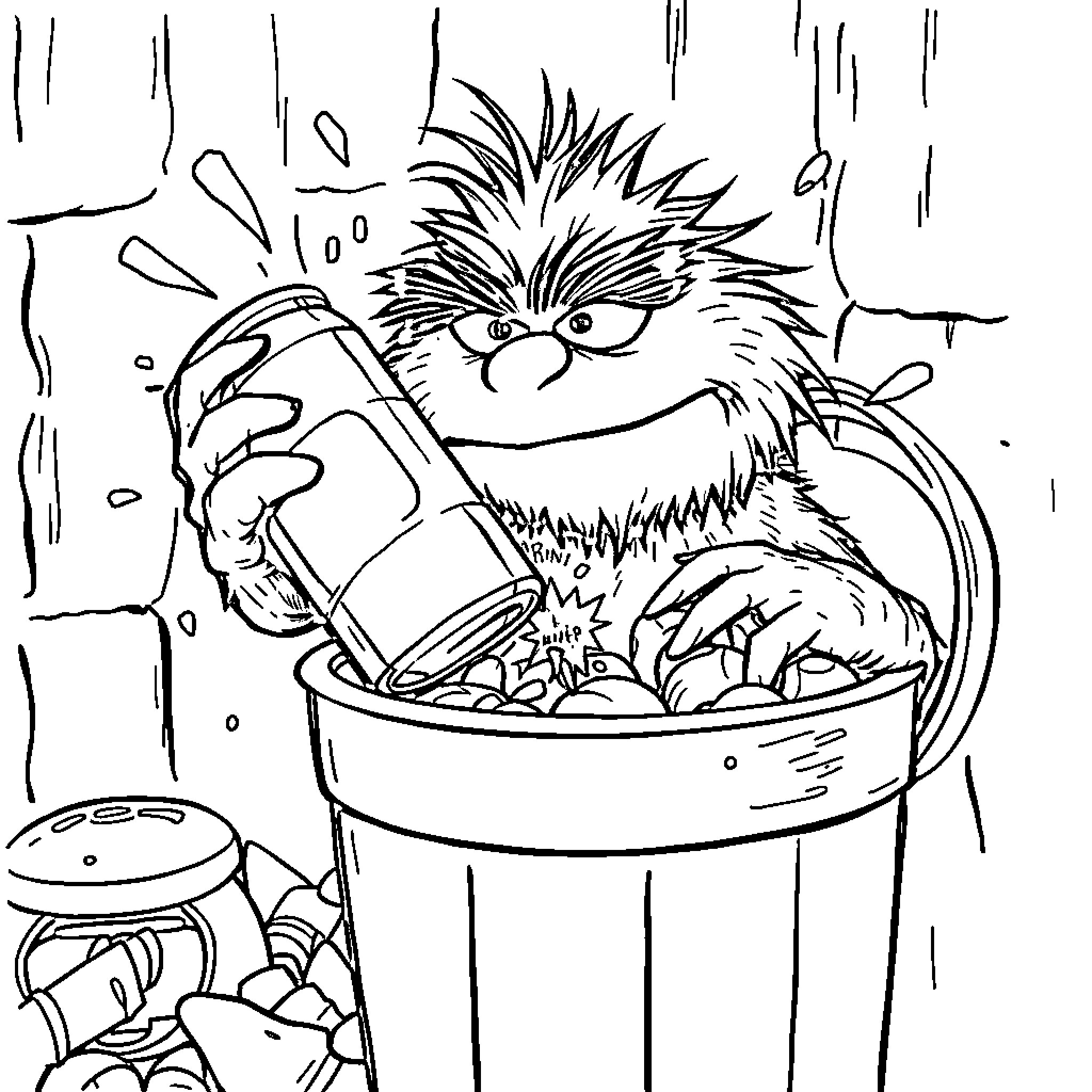 Oscar the Furry Plumber Fixes a Clogged Drain Coloring Page (free black-and-white line drawing printable PDF for all, from beginners to advanced learners, including children, teens, adults, and seniors)