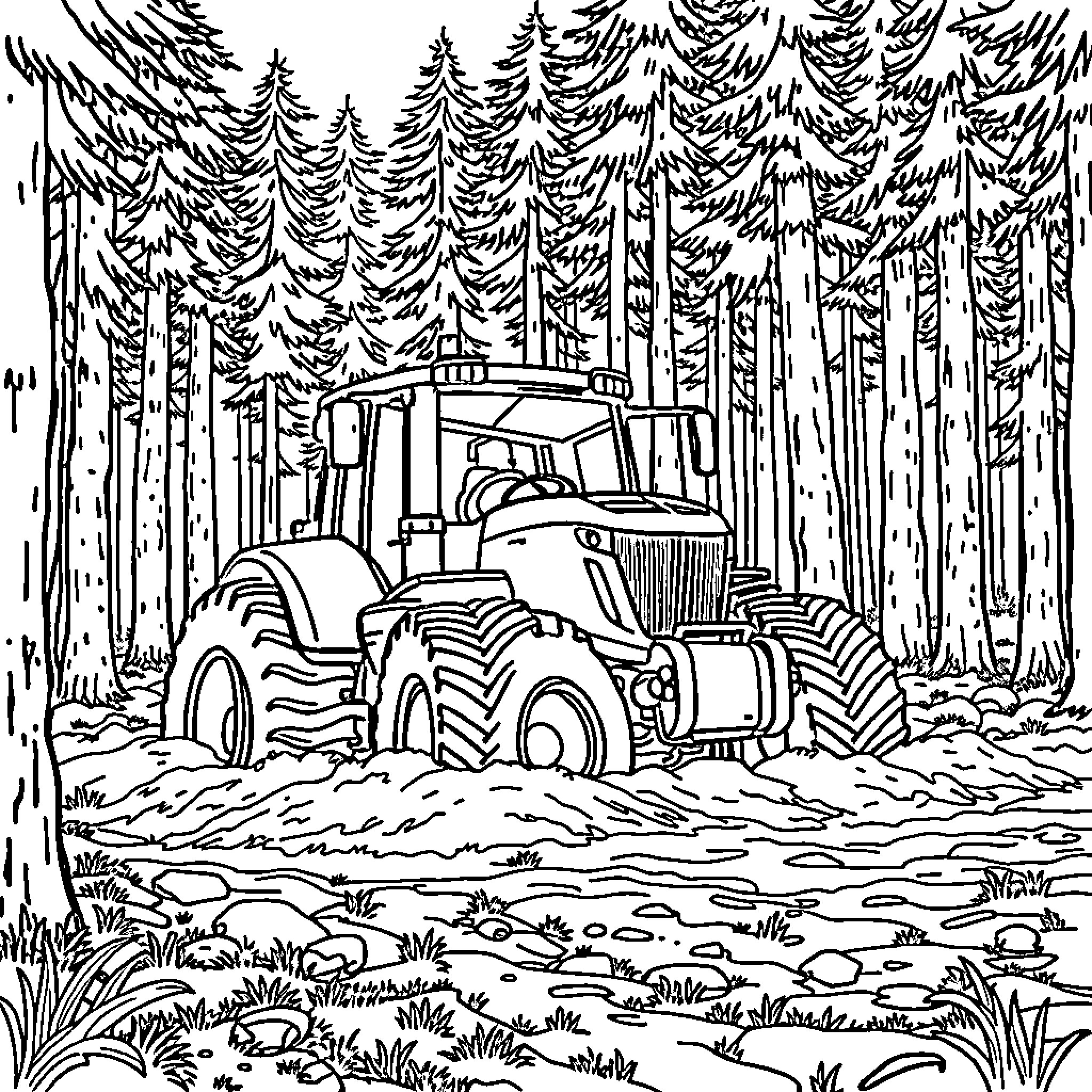 Tractor navigating through the forest path Coloring Page (free black-and-white line drawing printable PDF for all, from beginners to advanced learners, including children, teens, adults, and seniors)