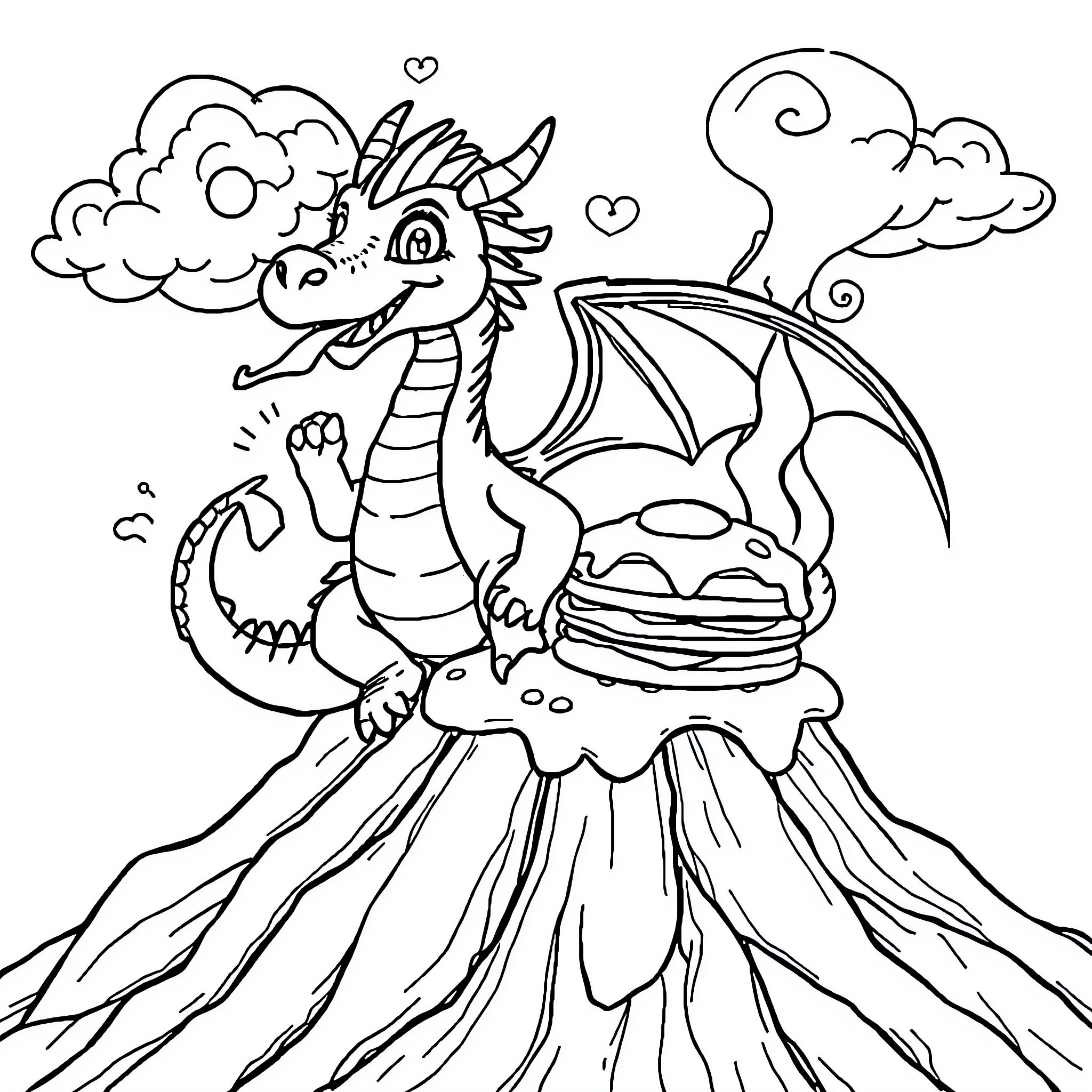 Dragon enjoying a flaming burger on a mountain Coloring Page (free black-and-white line drawing printable PDF for all, from beginners to advanced learners, including children, teens, adults, and seniors)