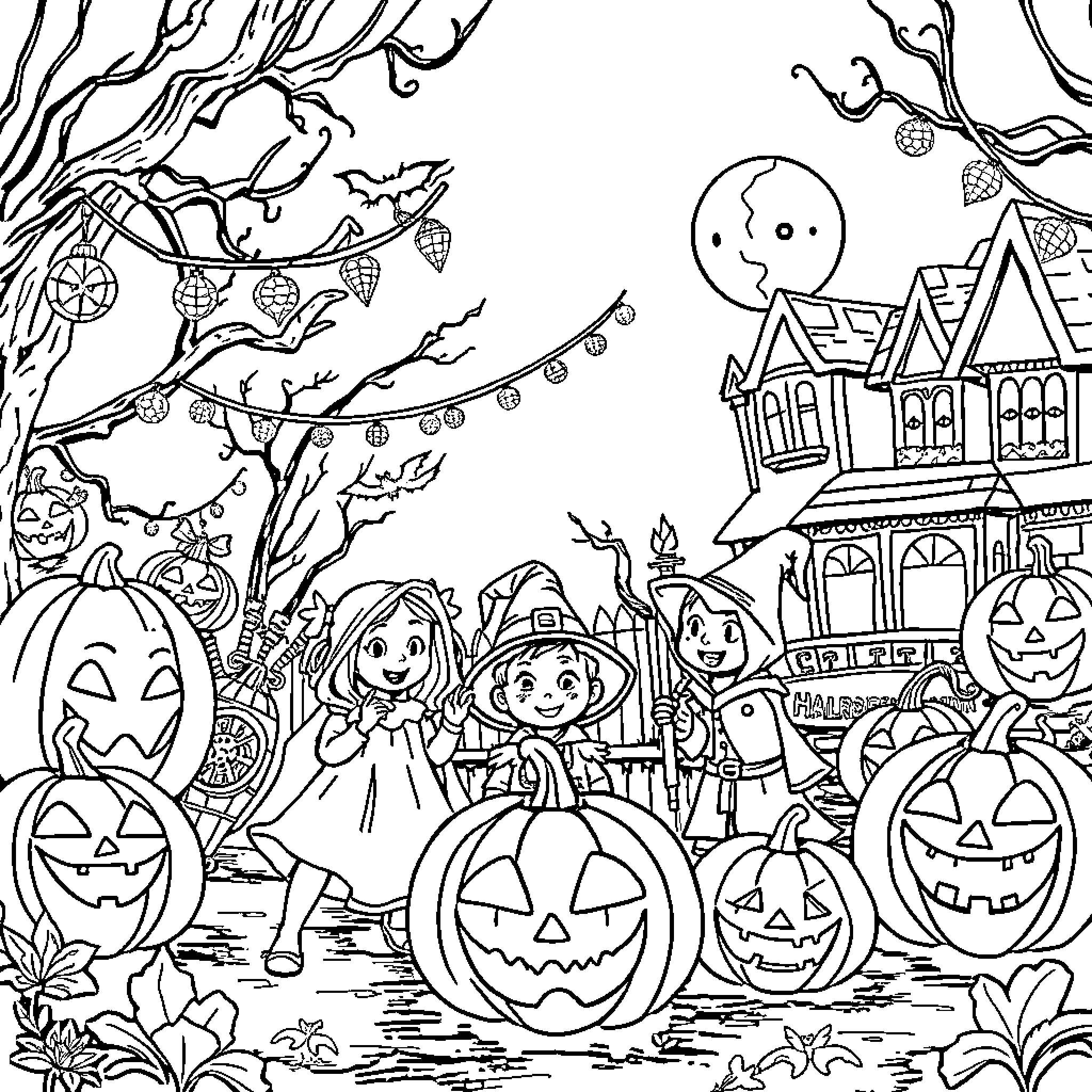 Halloween Costume Party in Haunted Neighborhood Coloring Page (free black-and-white line drawing printable PDF for all, from beginners to advanced learners, including children, teens, adults, and seniors)