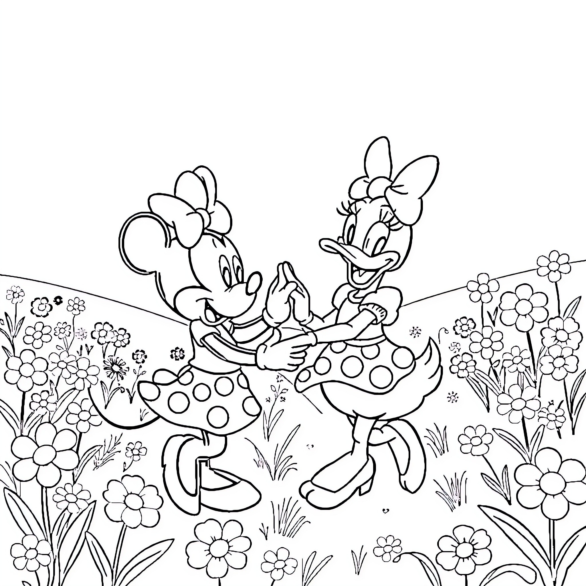 Minnie Mouse having a joyful garden dance Coloring Page (free black-and-white line drawing printable PDF for all, from beginners to advanced learners, including children, teens, adults, and seniors)