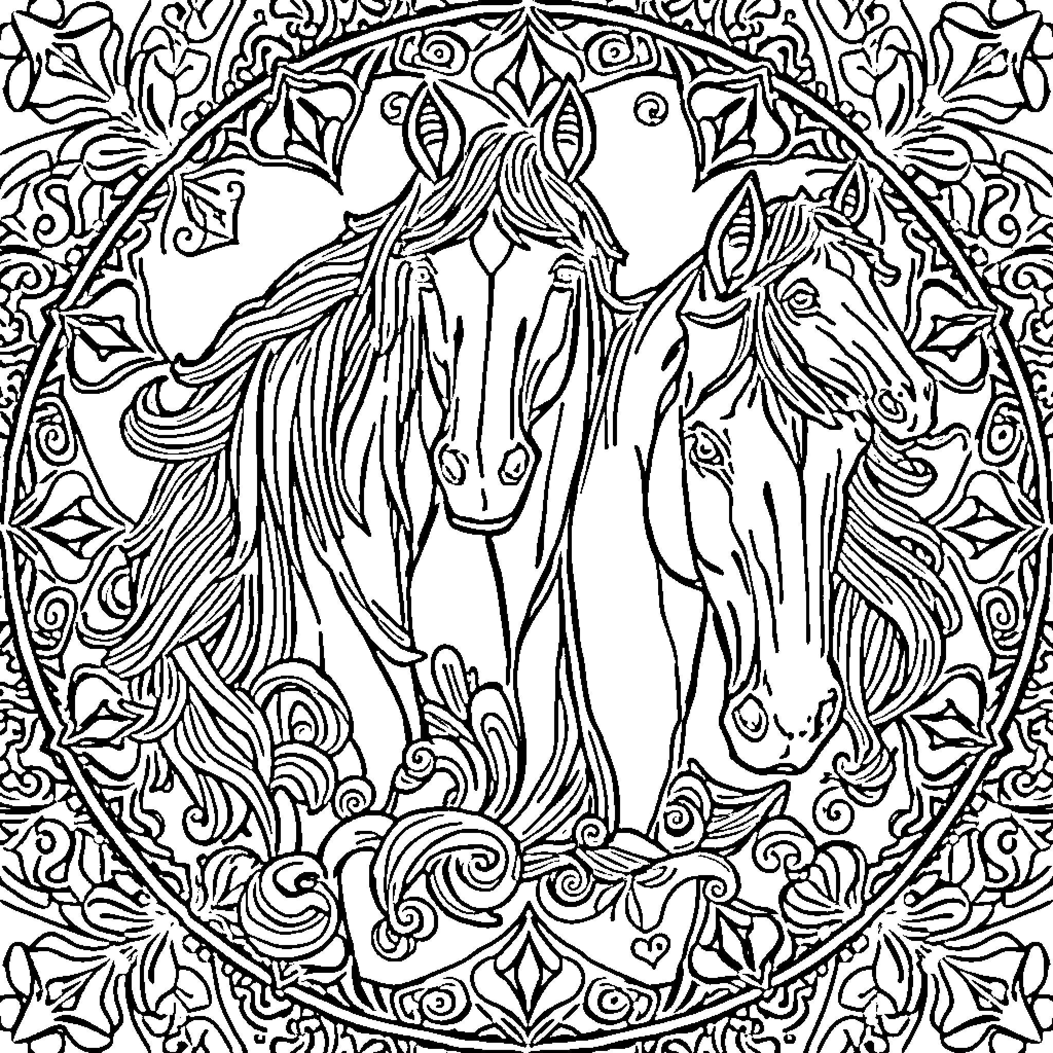 Horse trio in ornate floral frame Coloring Page (free black-and-white line drawing printable PDF for all, from beginners to advanced learners, including children, teens, adults, and seniors)