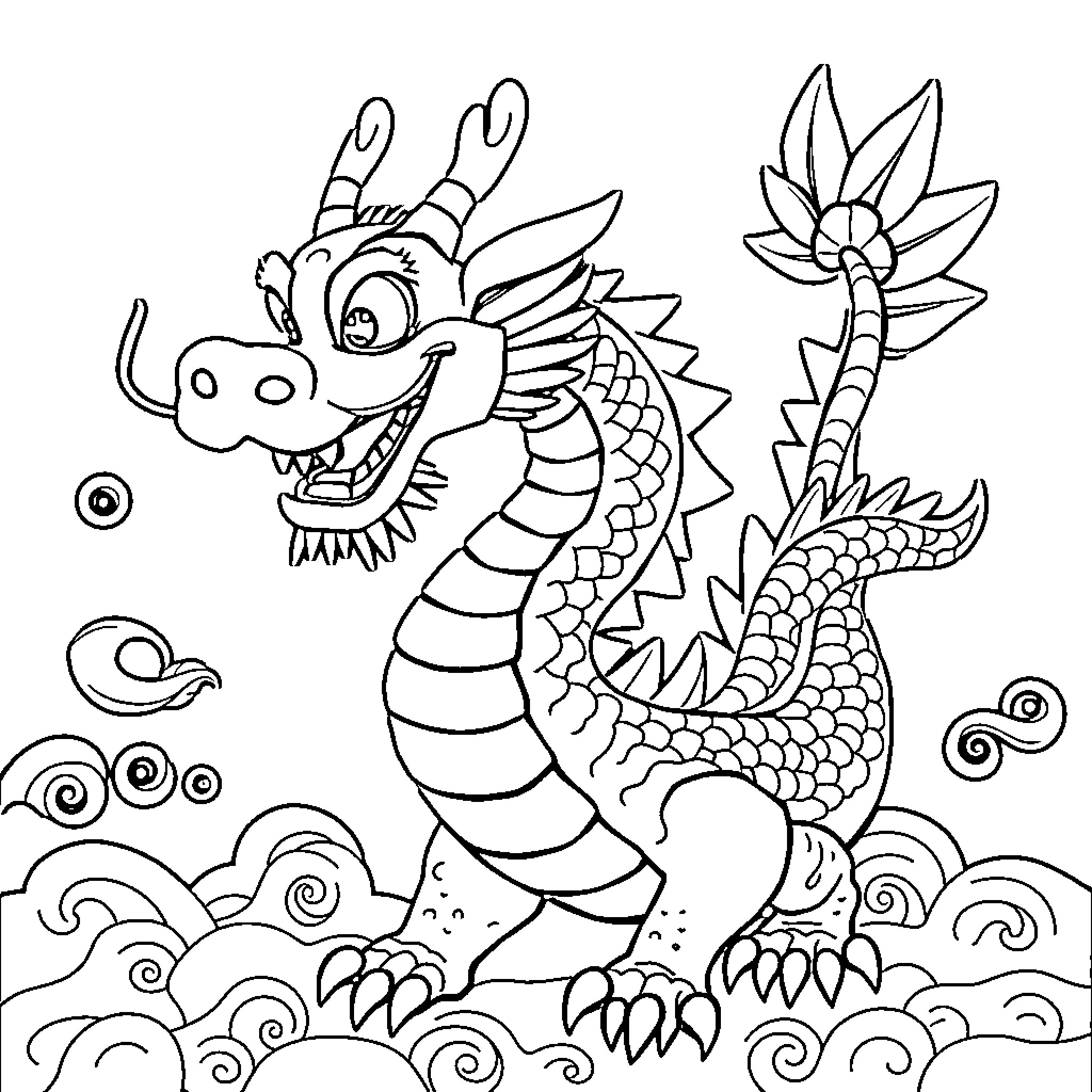 Dragon swimming playfully in the waves Coloring Page (free black-and-white line drawing printable PDF for all, from beginners to advanced learners, including children, teens, adults, and seniors)