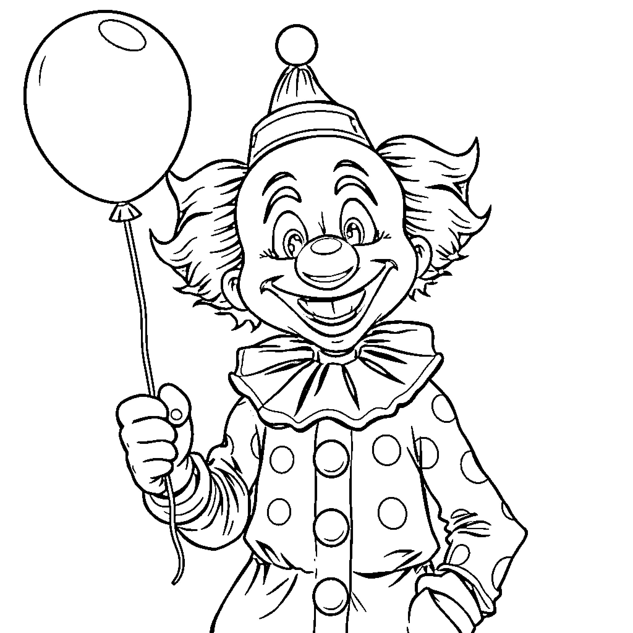 Clown with balloon entertaining cheerfully Coloring Page (free black-and-white line drawing printable PDF for all, from beginners to advanced learners, including children, teens, adults, and seniors)