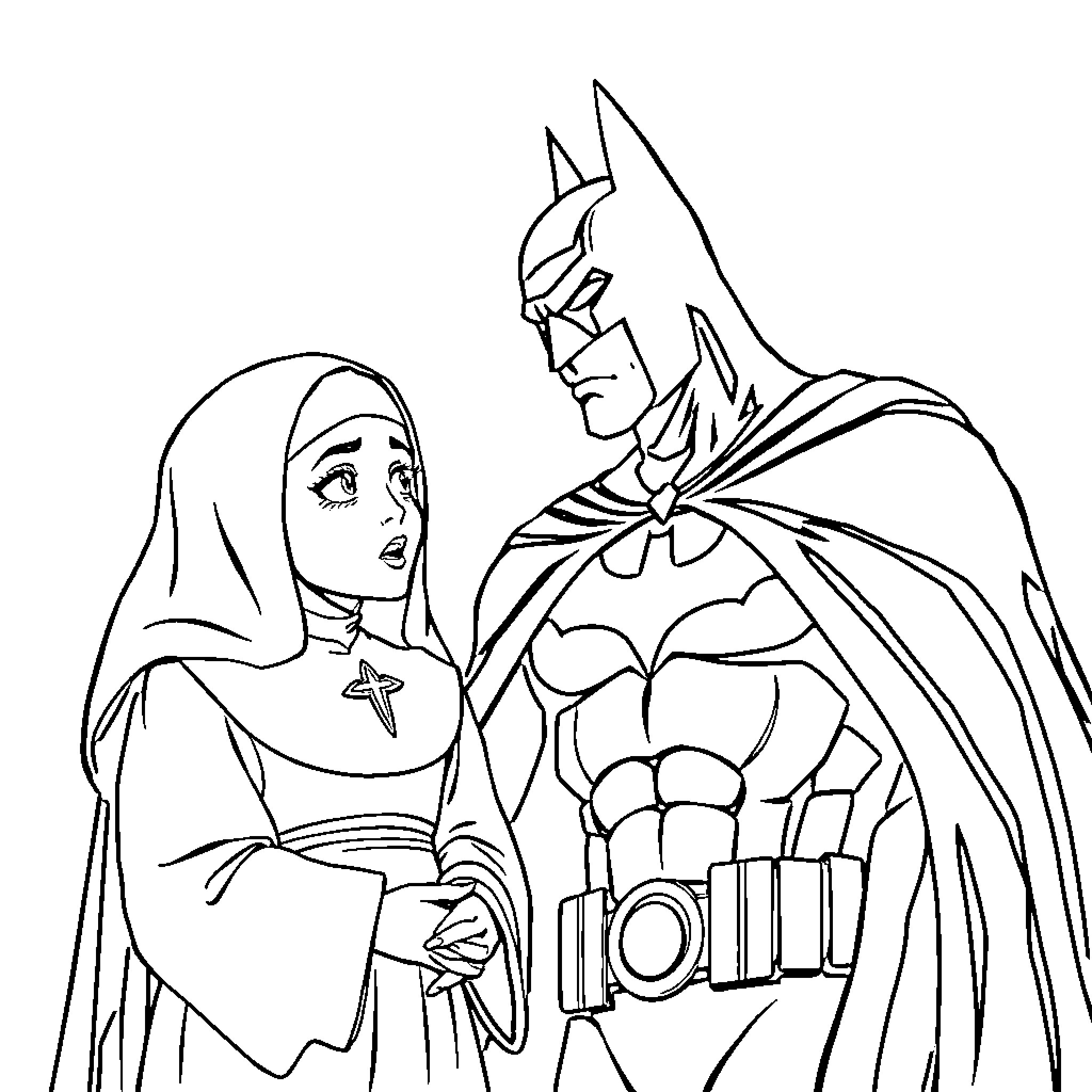 Nun and the Caped Crusader in an Extraordinary Encounter Coloring Page (free black-and-white line drawing printable PDF for all, from beginners to advanced learners, including children, teens, adults, and seniors)