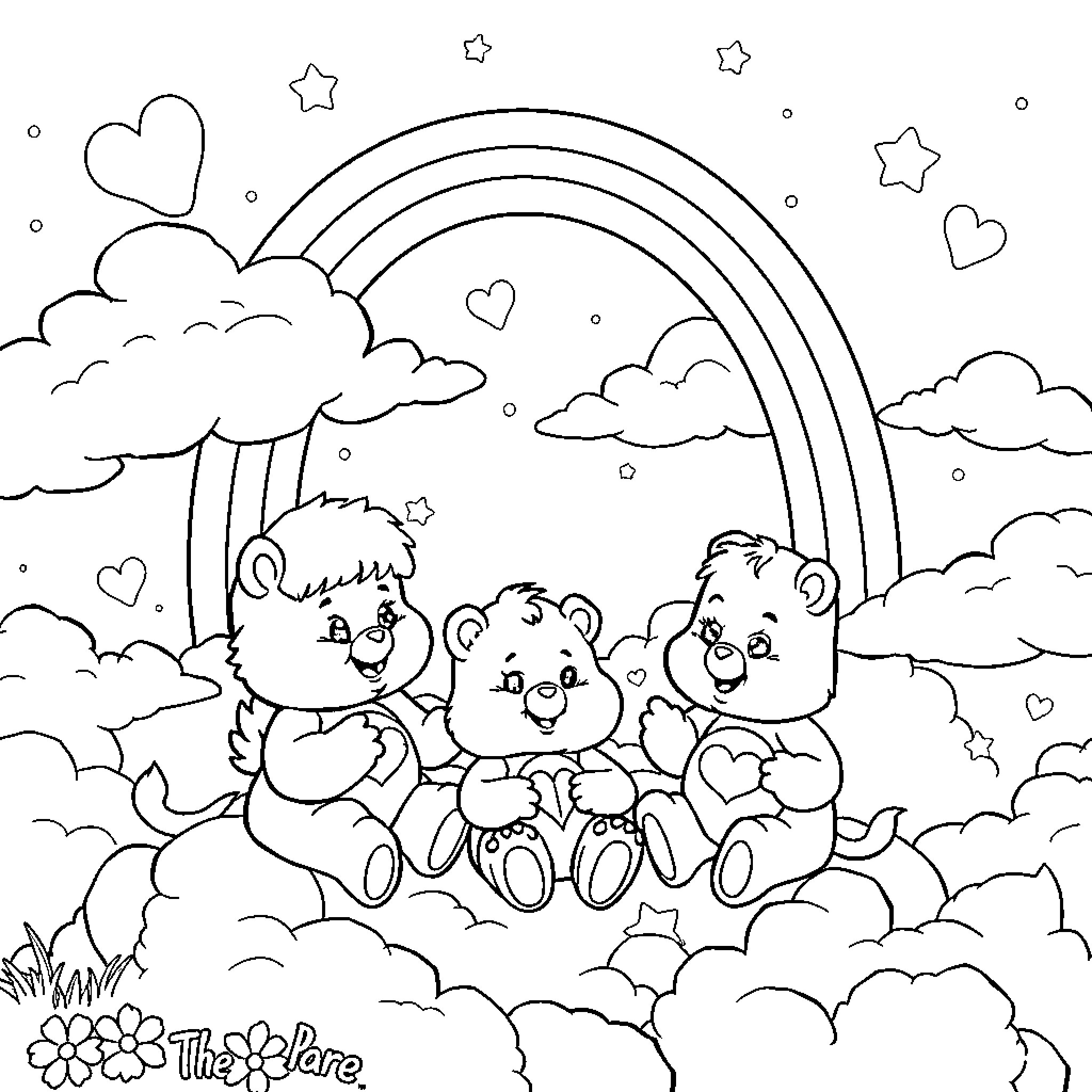 Rainbow Brite characters playing happily in the clouds Coloring Page (free black-and-white line drawing printable PDF for all, from beginners to advanced learners, including children, teens, adults, and seniors)