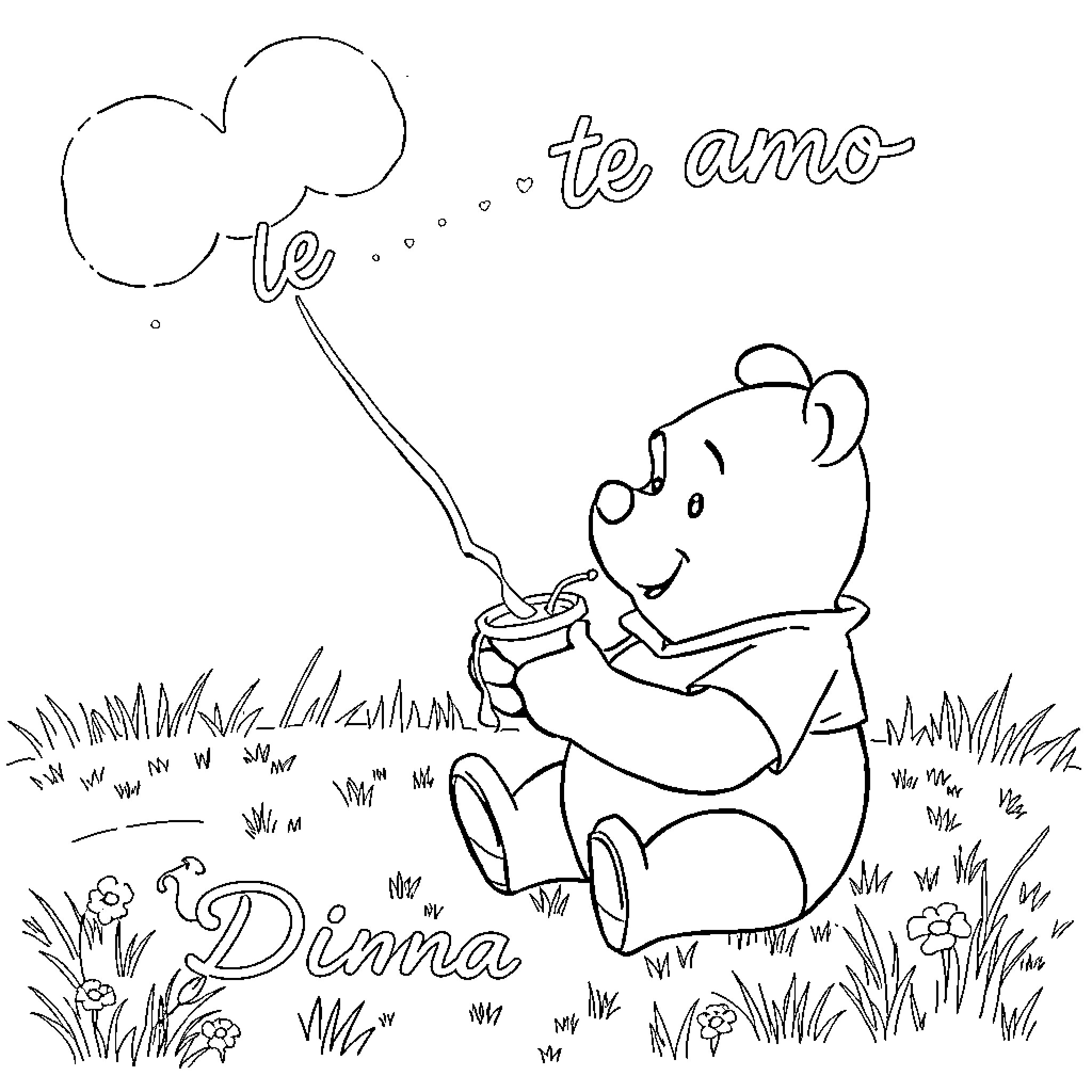 Winnie shares a loving message with Dinna Coloring Page (free black-and-white line drawing printable PDF for all, from beginners to advanced learners, including children, teens, adults, and seniors)