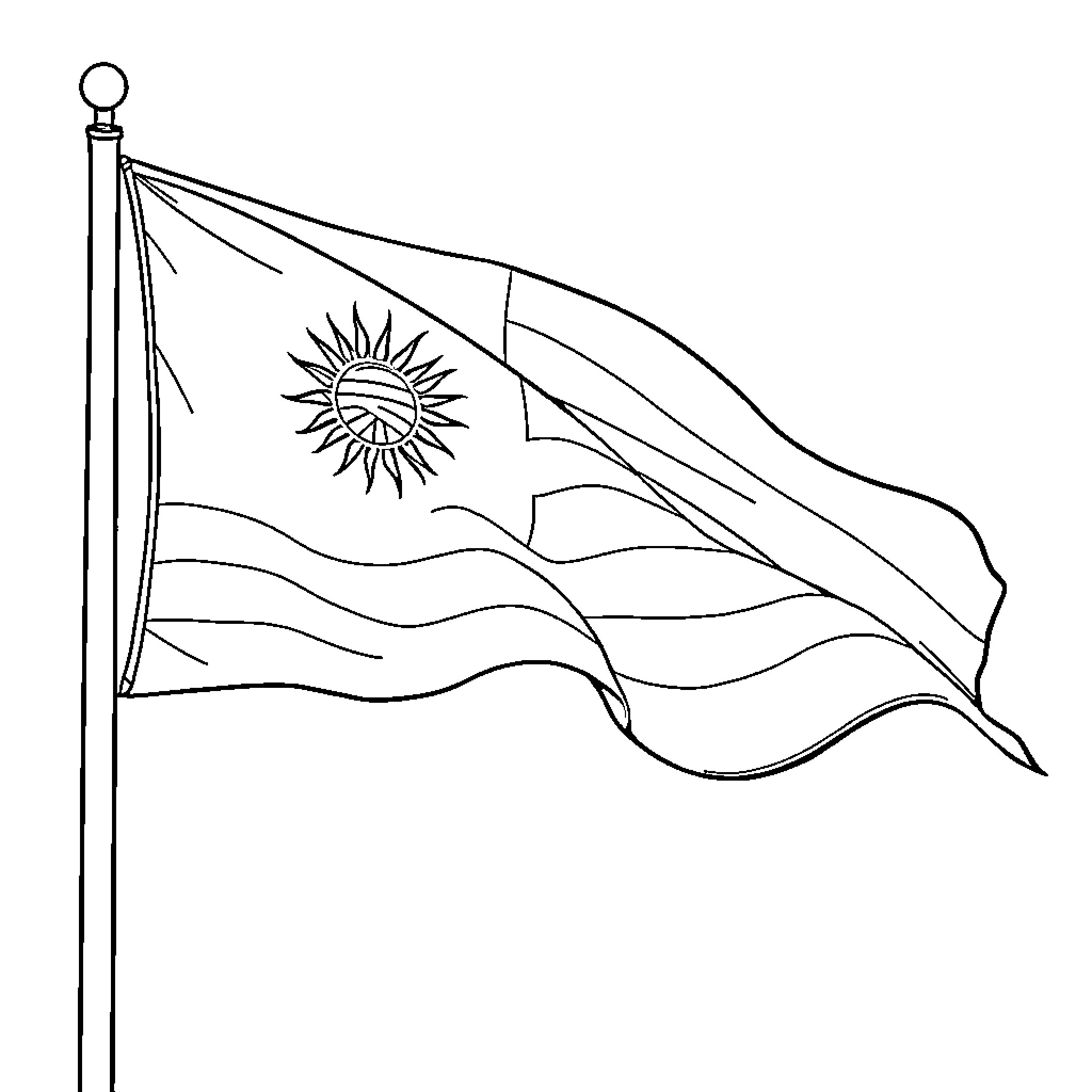 Uruguay Flag waving proudly in the wind Coloring Page (free black-and-white line drawing printable PDF for all, from beginners to advanced learners, including children, teens, adults, and seniors)