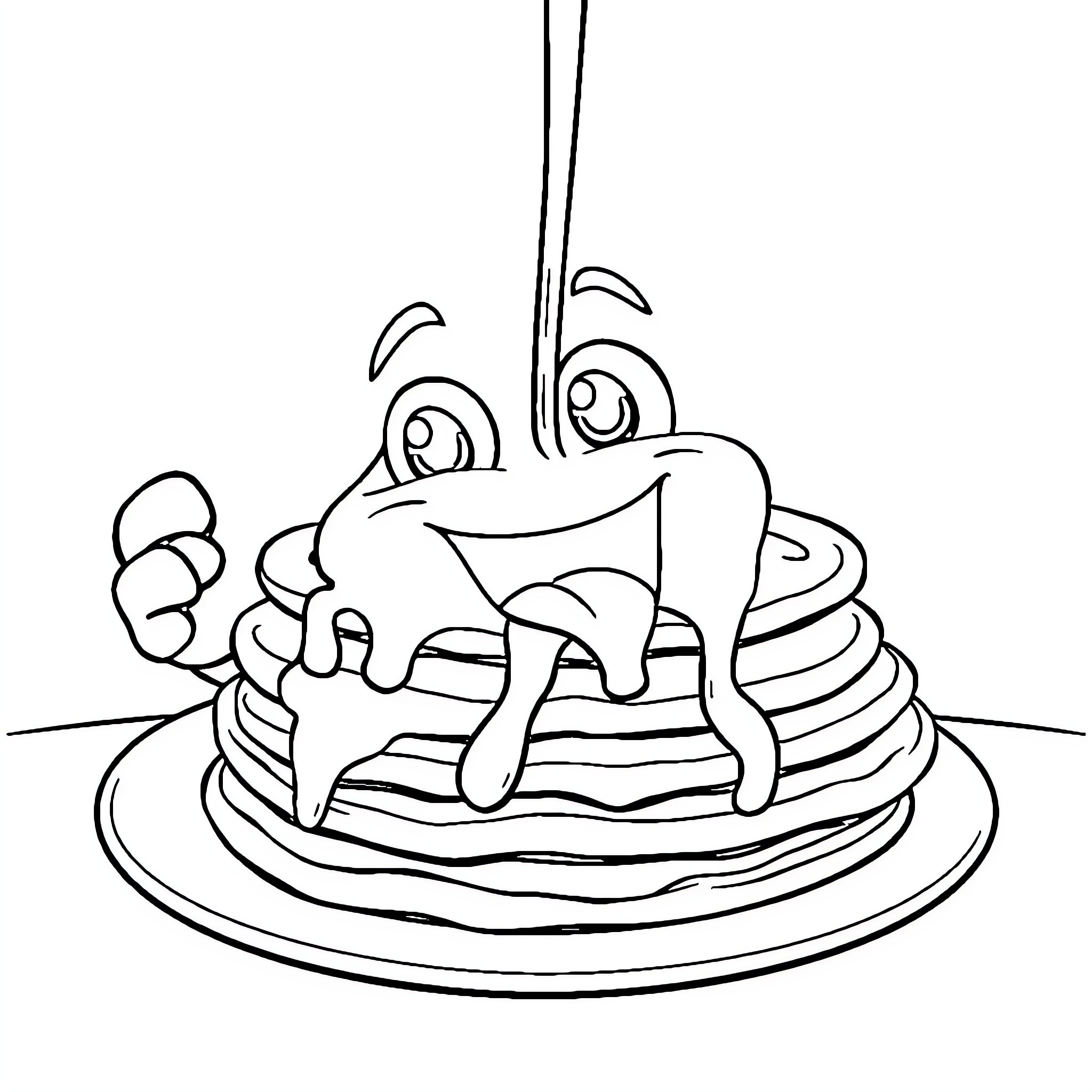 Bingo Pancake Stack with a Friendly Character Coloring Page (free black-and-white line drawing printable PDF for all, from beginners to advanced learners, including children, teens, adults, and seniors)