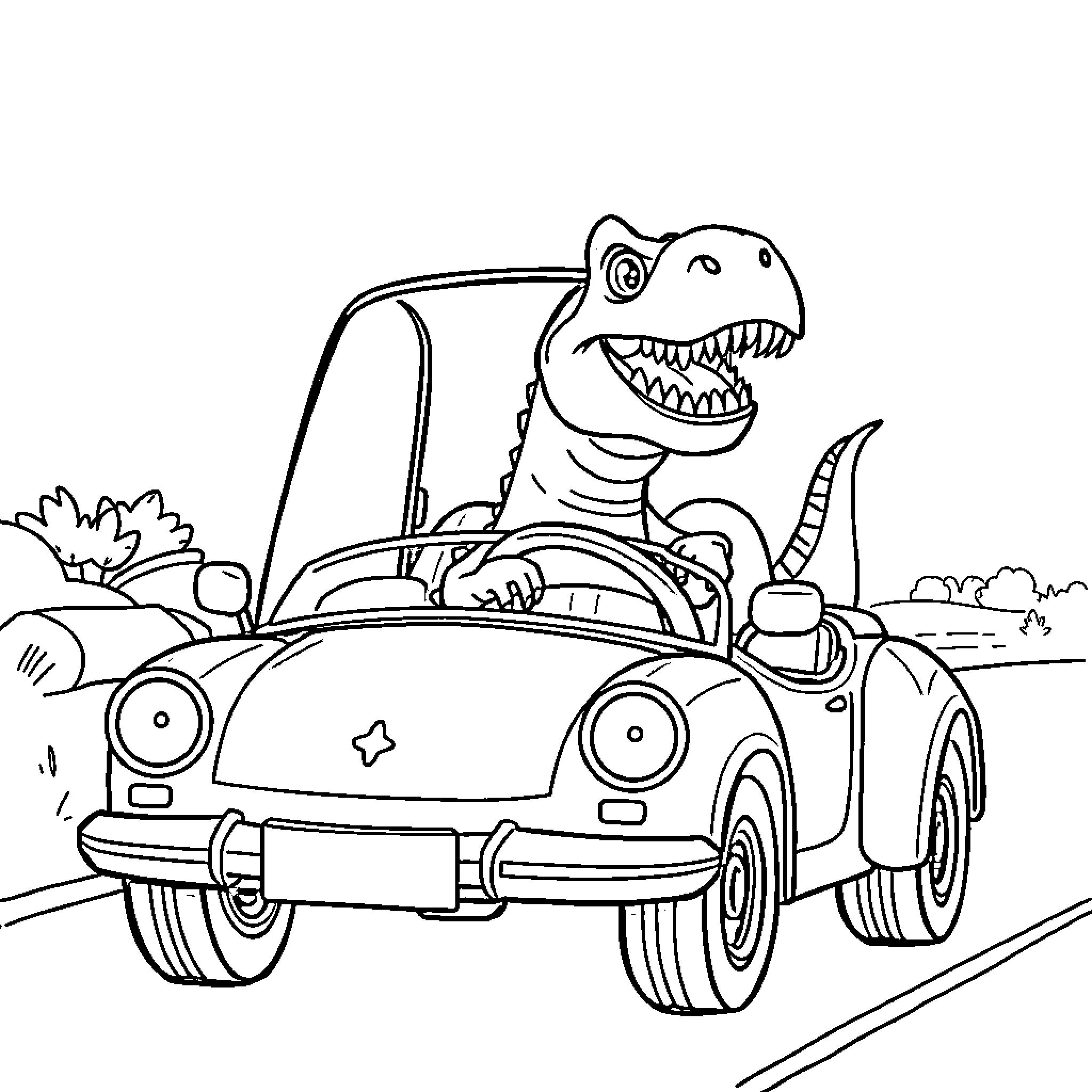 Dinosaur driving a convertible car Coloring Page (free black-and-white line drawing printable PDF for all, from beginners to advanced learners, including children, teens, adults, and seniors)