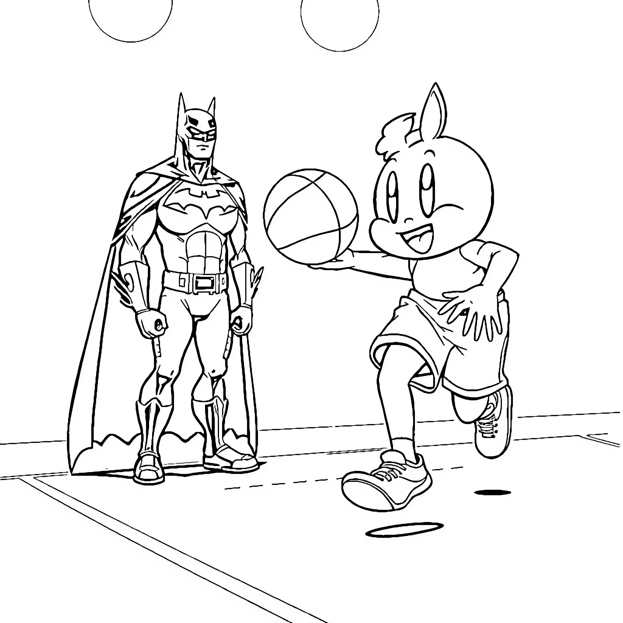 Chansey and Batman playing with a ball Coloring Page (free black-and-white line drawing printable PDF for all, from beginners to advanced learners, including children, teens, adults, and seniors)