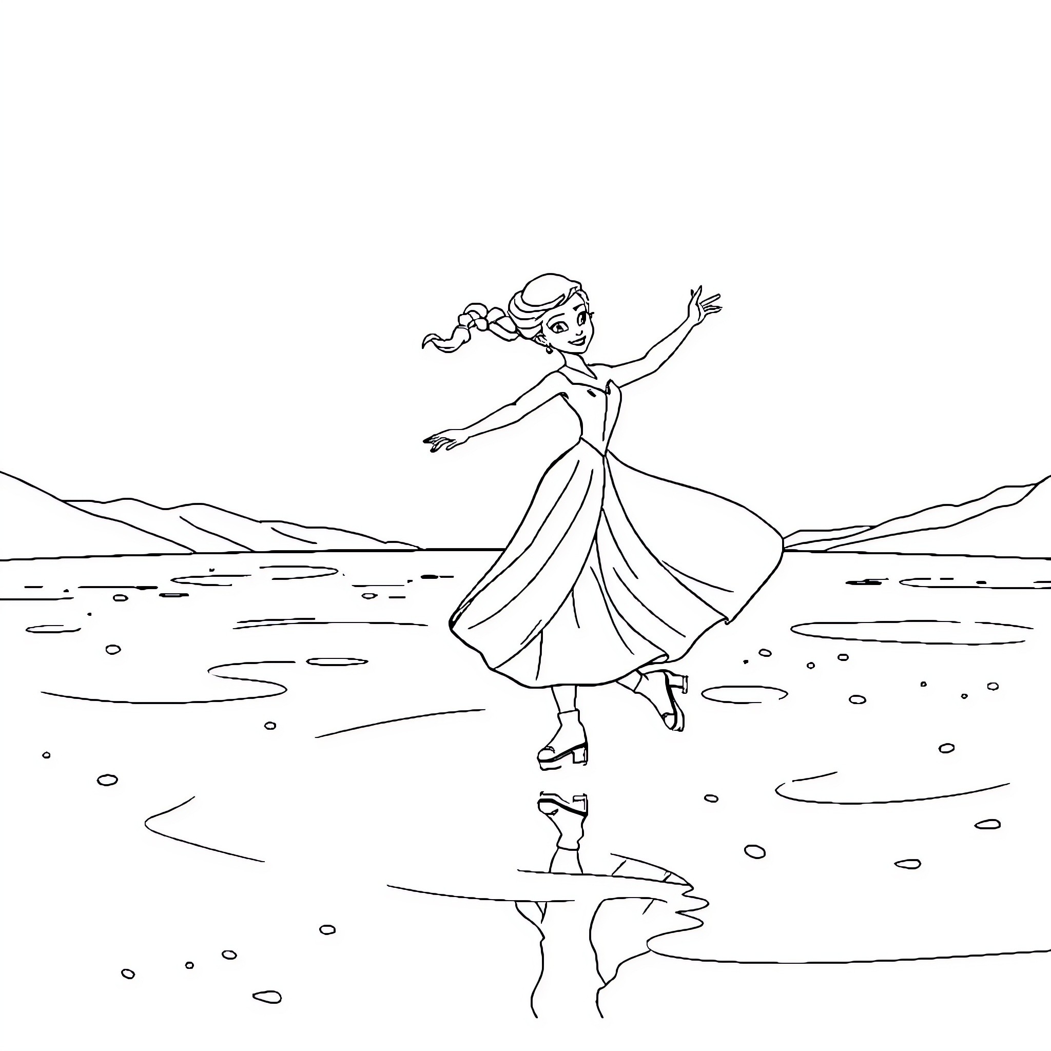 Elsa dancing gracefully on the ice Coloring Page (free black-and-white line drawing printable PDF for all, from beginners to advanced learners, including children, teens, adults, and seniors)