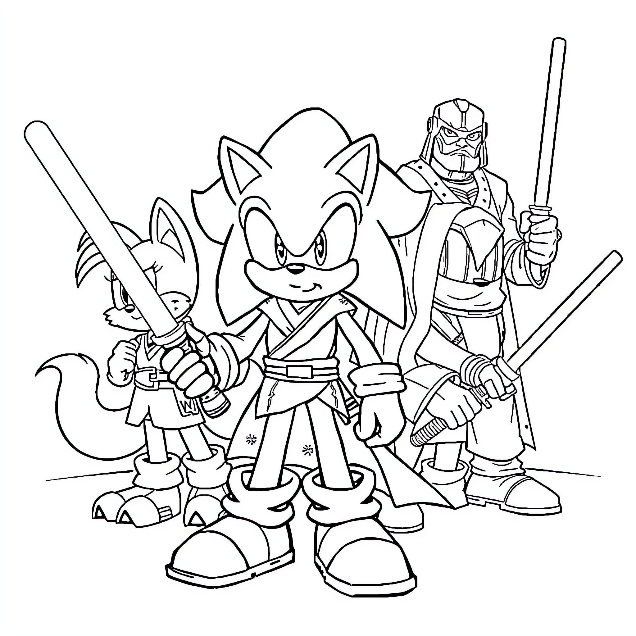 Sonic and his warrior companions on an adventure Coloring Page (free black-and-white line drawing printable PDF for all, from beginners to advanced learners, including children, teens, adults, and seniors)