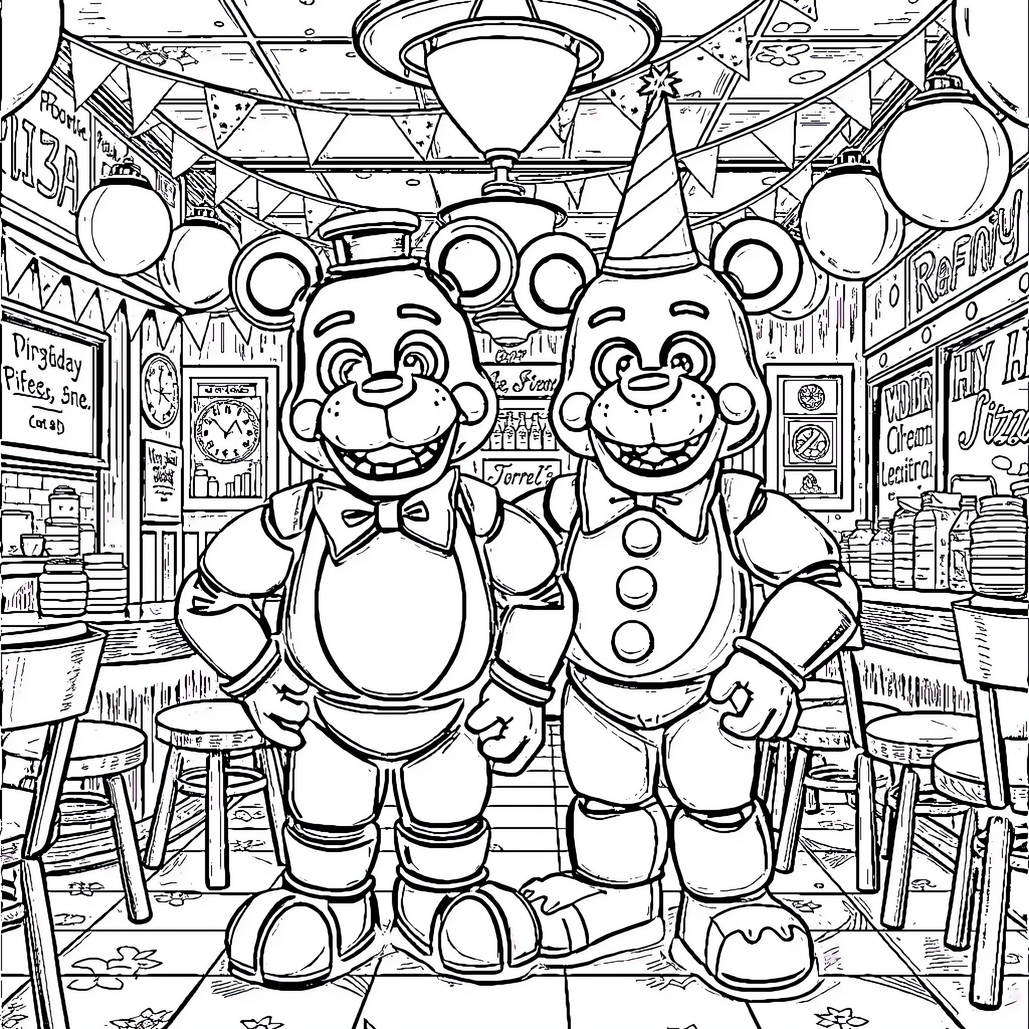 Freddy's Festive Celebration at the Carnival Coloring Page (free black-and-white line drawing printable PDF for all, from beginners to advanced learners, including children, teens, adults, and seniors)