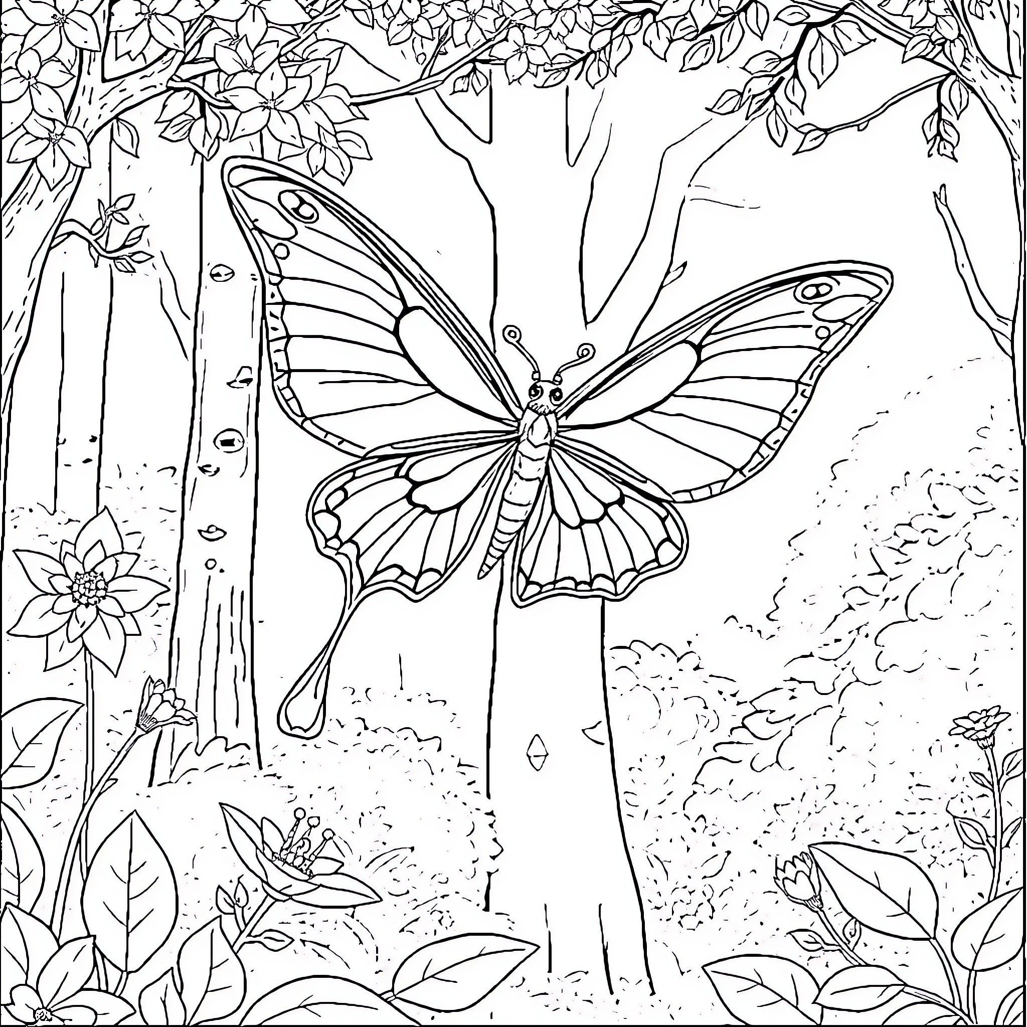 Luna Moth dancing gracefully in nature's garden Coloring Page (free black-and-white line drawing printable PDF for all, from beginners to advanced learners, including children, teens, adults, and seniors)