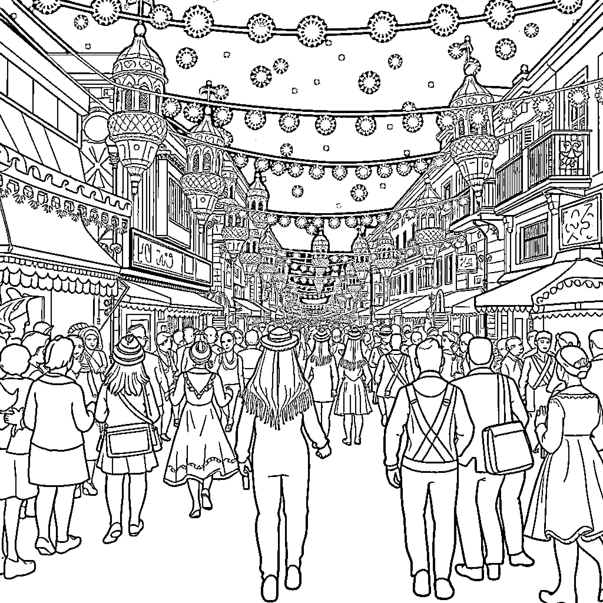 Fallas: Festive Celebration in a Vibrant Street Coloring Page (free black-and-white line drawing printable PDF for all, from beginners to advanced learners, including children, teens, adults, and seniors)