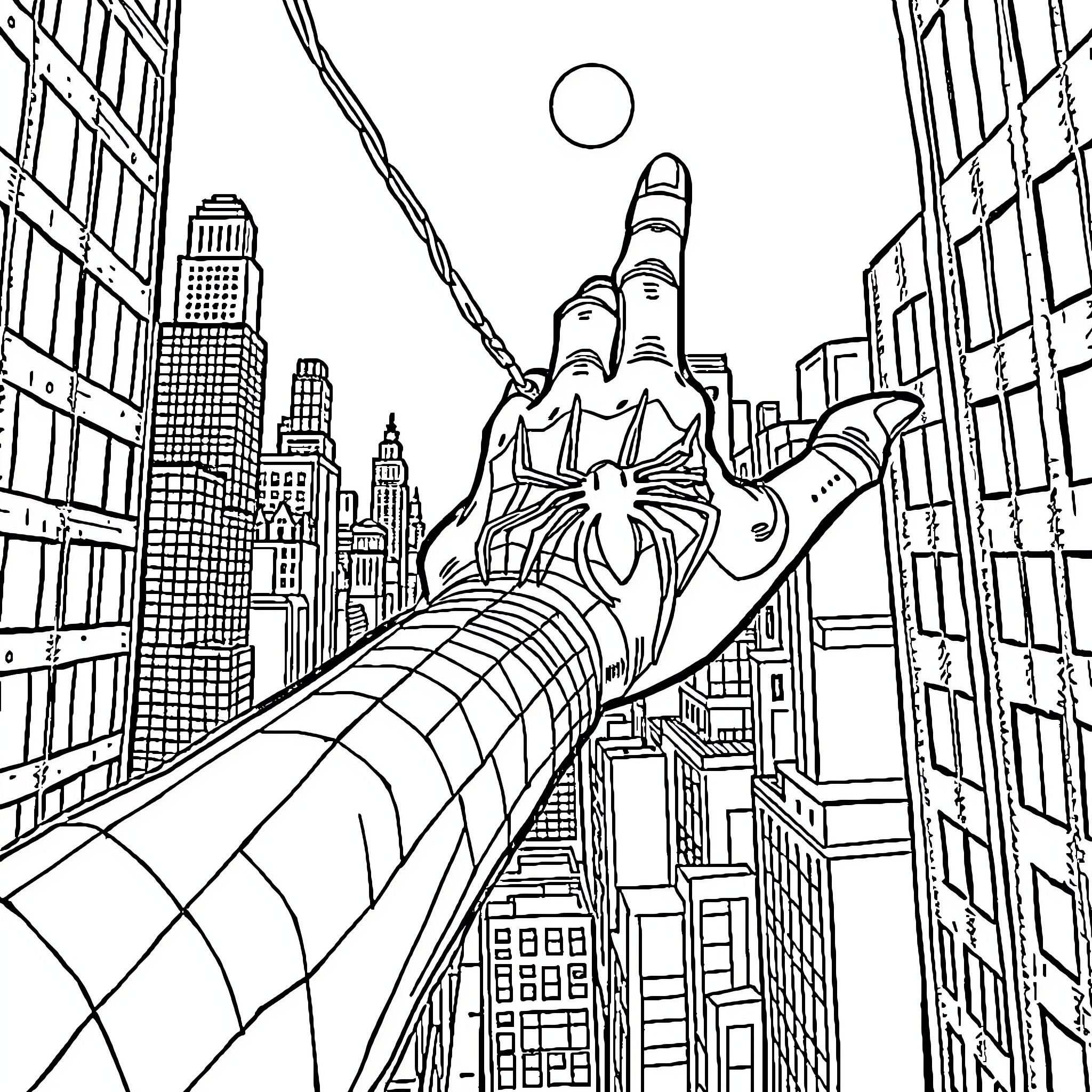 Spider-Man swinging through the city skyline Coloring Page (free black-and-white line drawing printable PDF for all, from beginners to advanced learners, including children, teens, adults, and seniors)