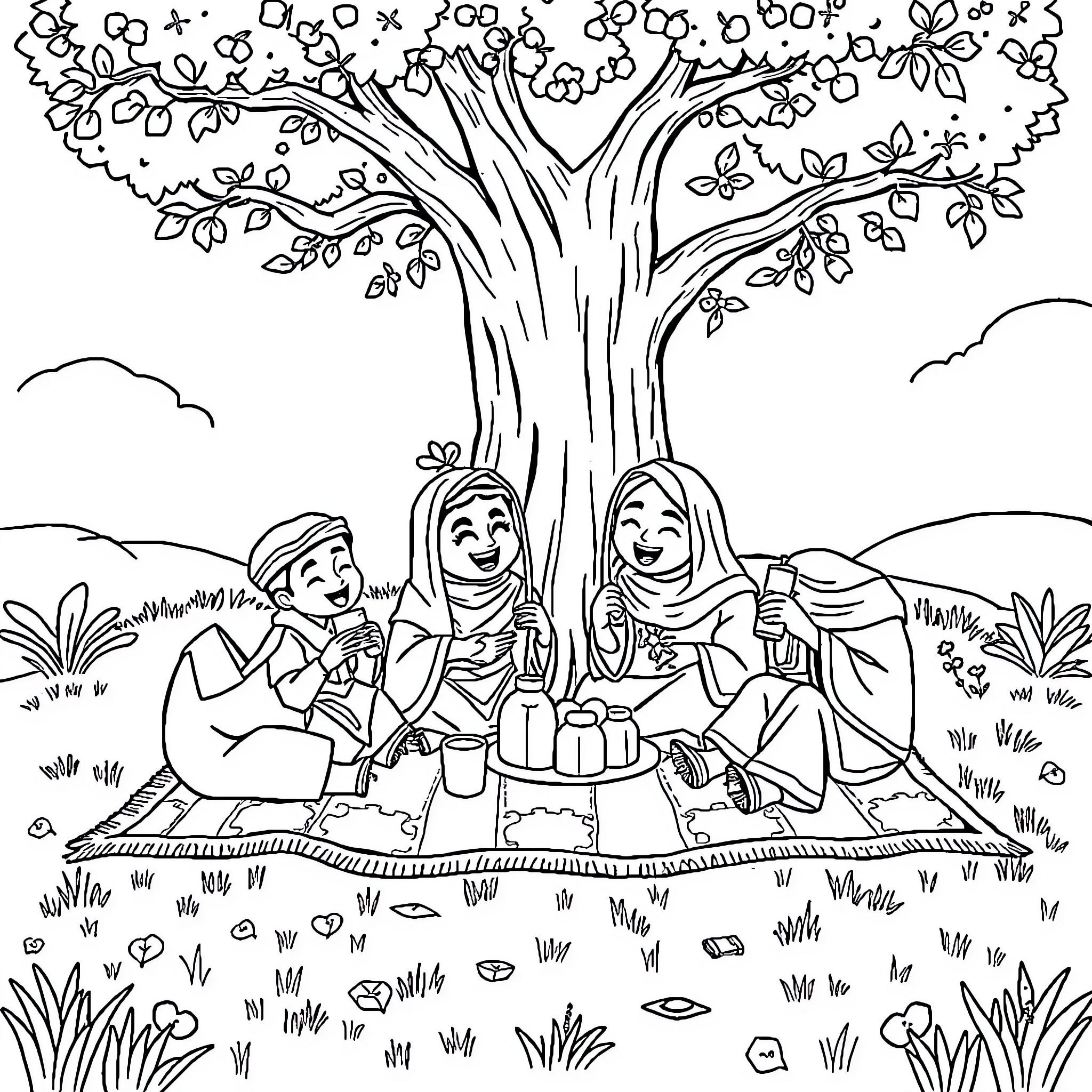 Ufouria Character Sharing a Picnic Beneath a Blossoming Tree Coloring Page (free black-and-white line drawing printable PDF for all, from beginners to advanced learners, including children, teens, adults, and seniors)