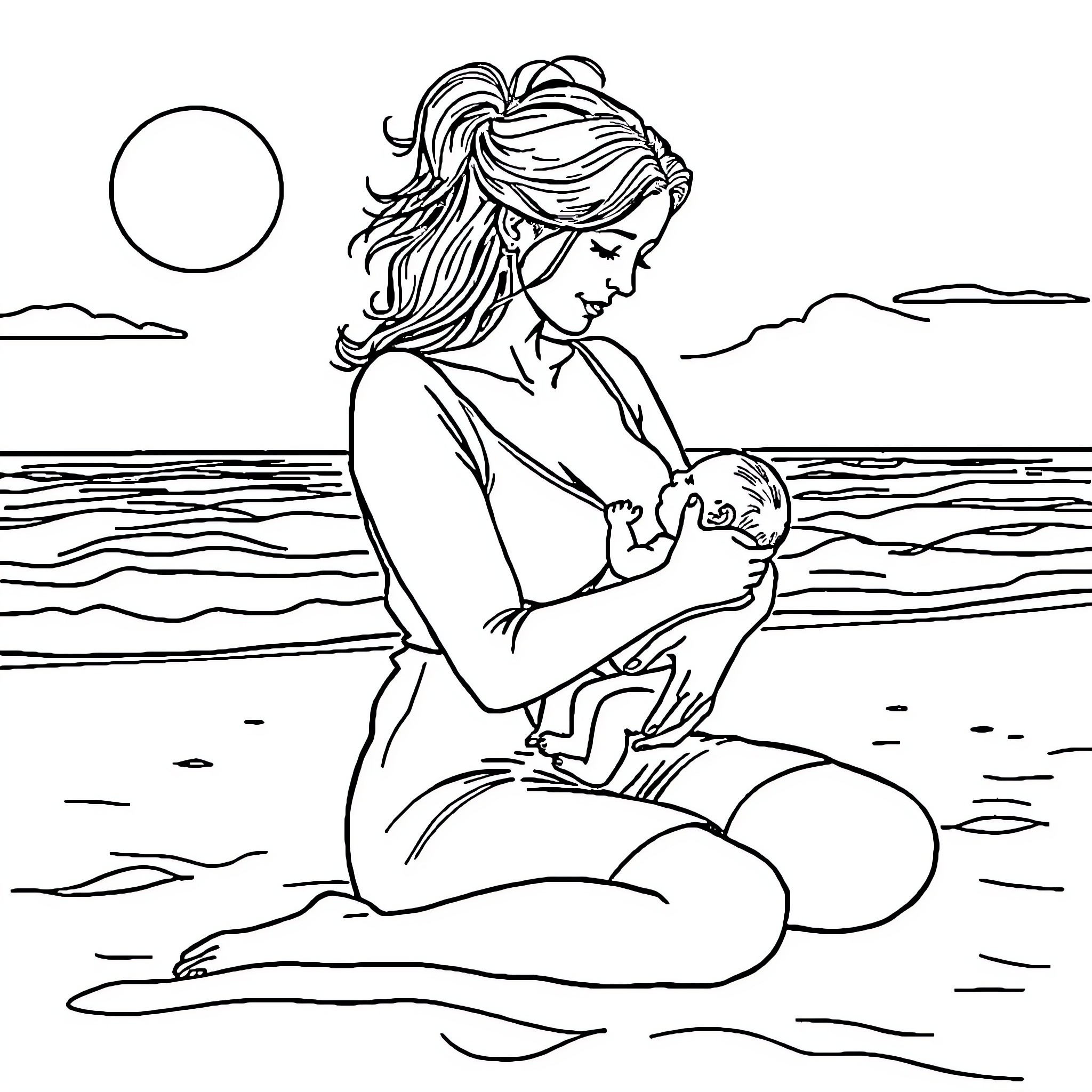 Lady by the serene ocean with baby Coloring Page (free black-and-white line drawing printable PDF for all, from beginners to advanced learners, including children, teens, adults, and seniors)