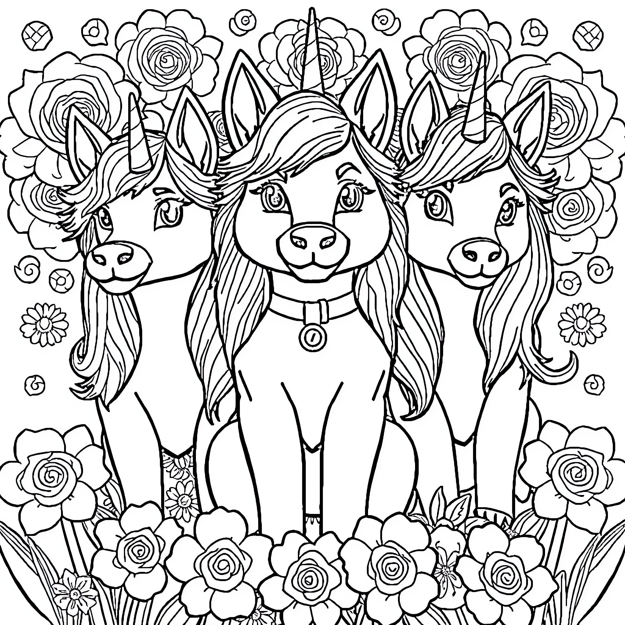 Trio of Whimsical Unicorns Surrounded by Blooming Flowers Coloring Page (free black-and-white line drawing printable PDF for all, from beginners to advanced learners, including children, teens, adults, and seniors)