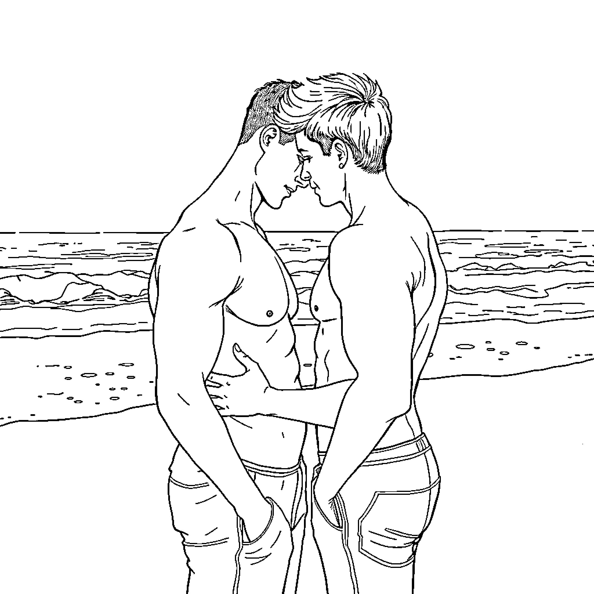 Men embracing intimately on the beach Coloring Page (free black-and-white line drawing printable PDF for all, from beginners to advanced learners, including children, teens, adults, and seniors)