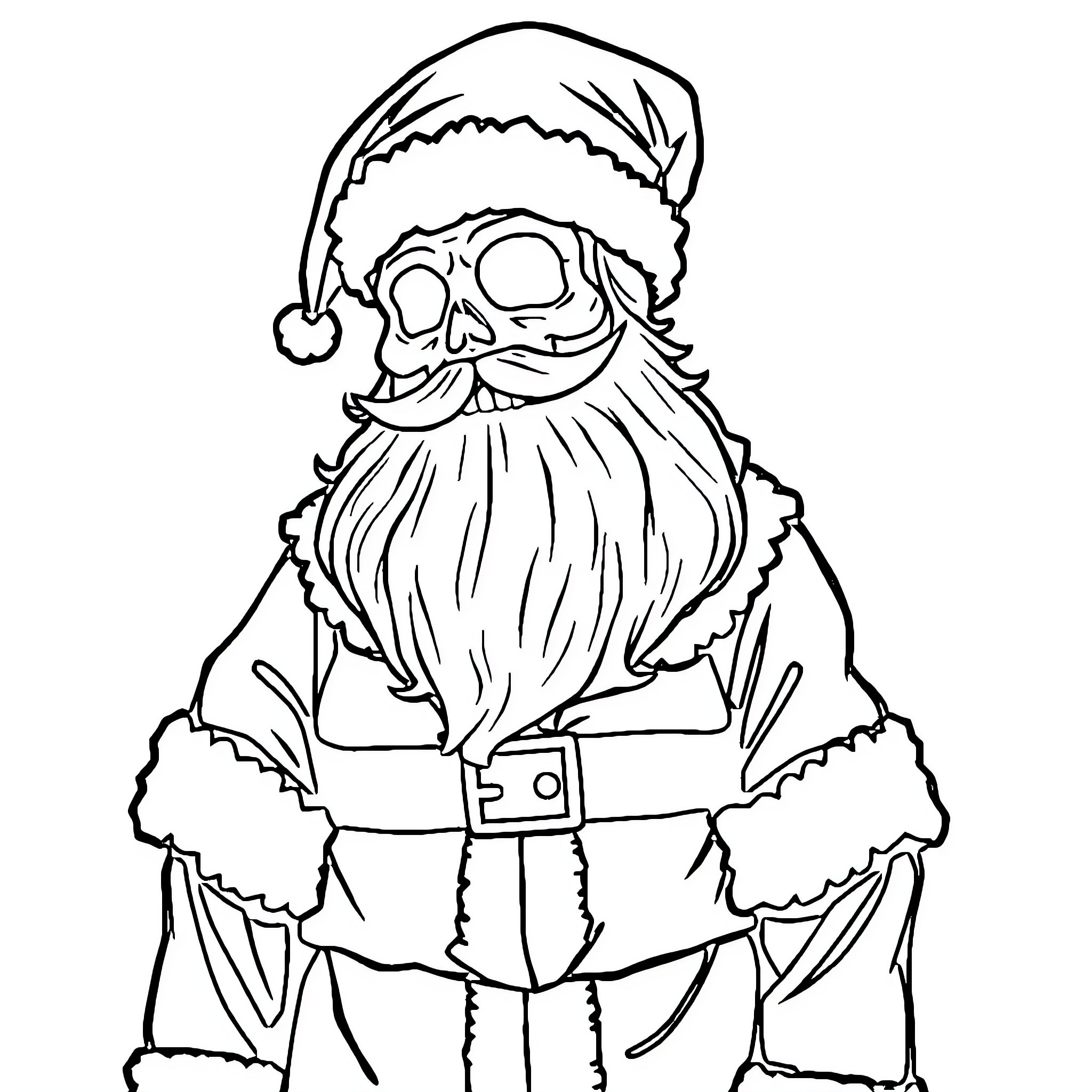 Santa Muerte in Spooky Christmas Attire Coloring Page (free black-and-white line drawing printable PDF for all, from beginners to advanced learners, including children, teens, adults, and seniors)