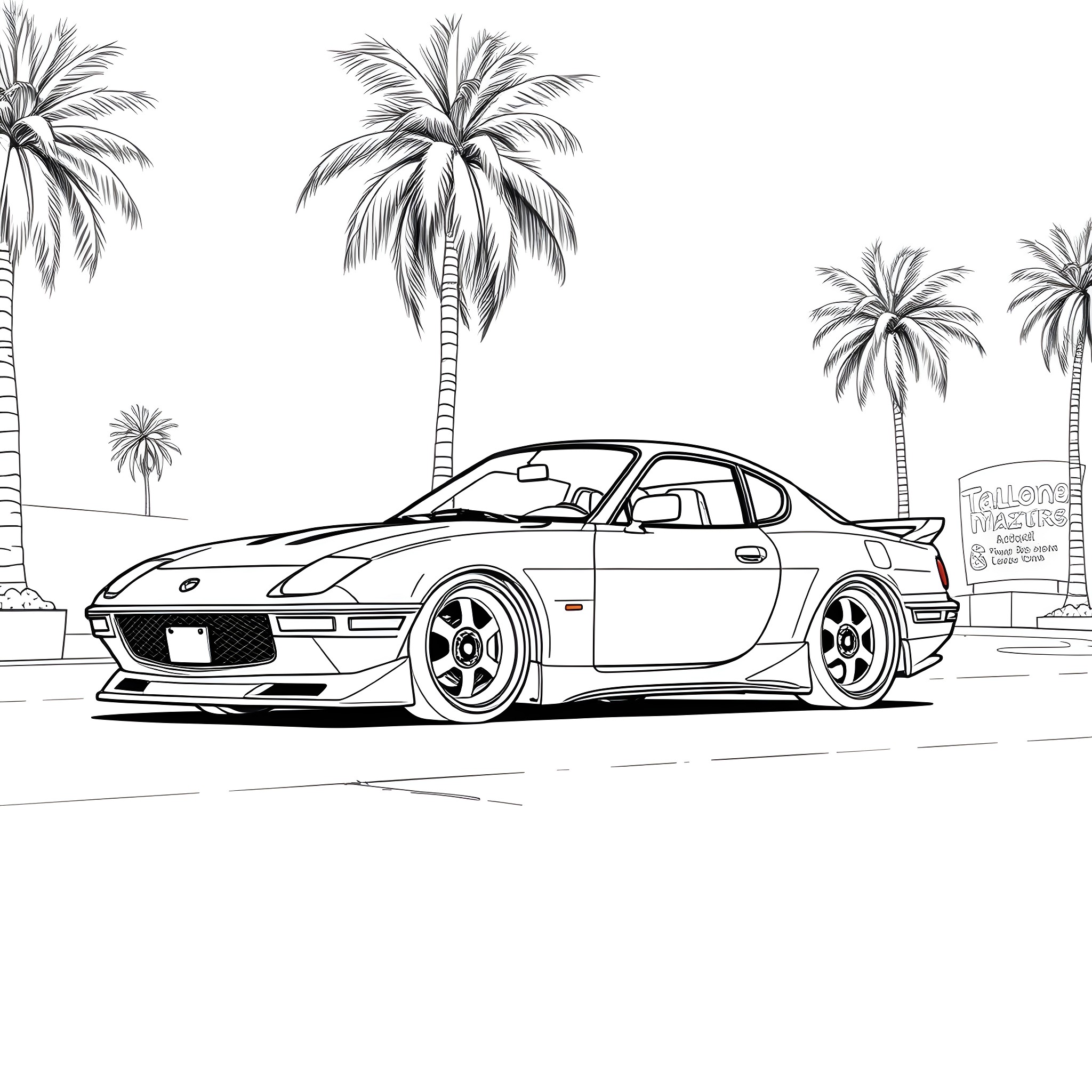 Mazda sports car under palm trees Coloring Page (free black-and-white line drawing printable PDF for all, from beginners to advanced learners, including children, teens, adults, and seniors)