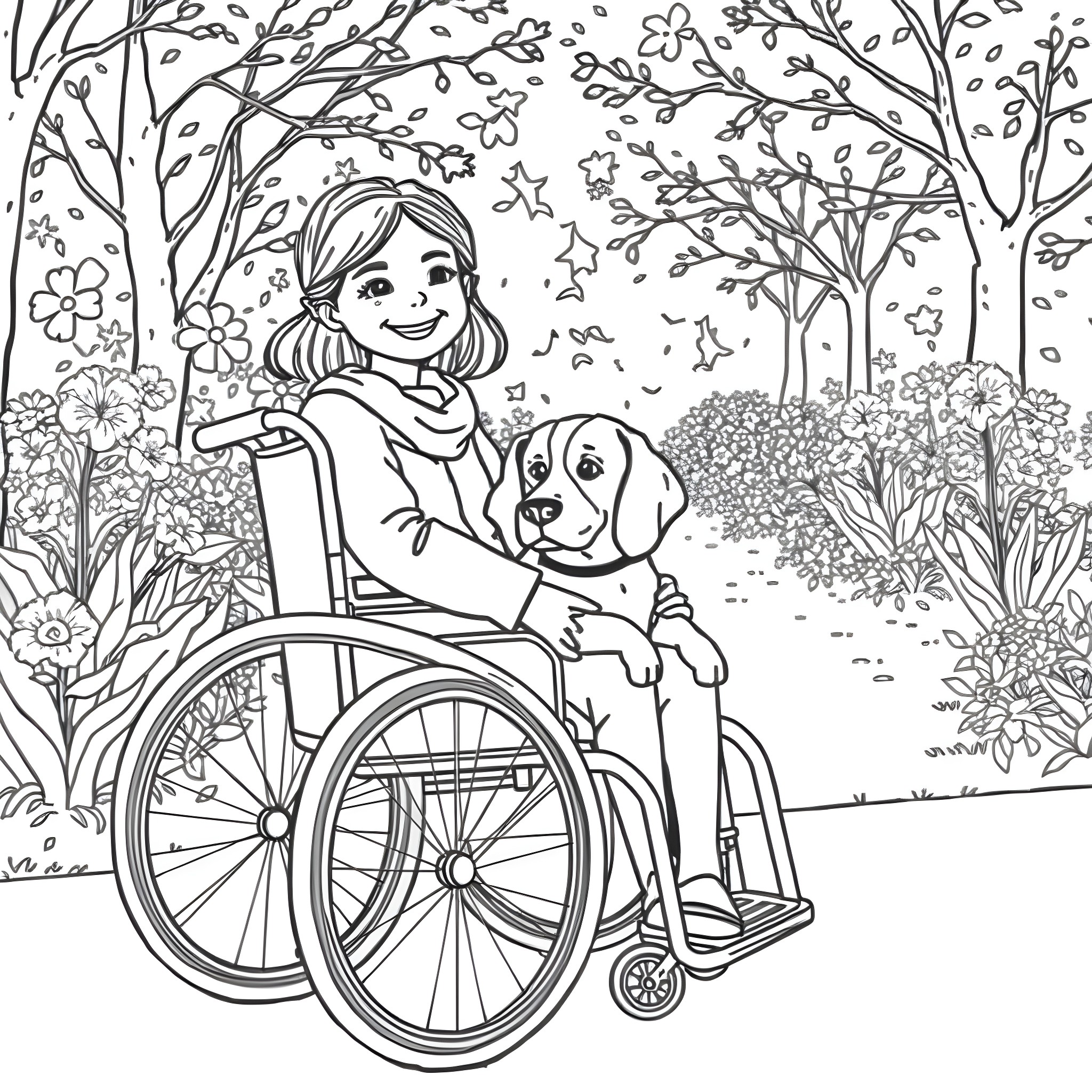 Teen Girl in Wheelchair with Loyal Dog in Floral Garden Coloring Page (free black-and-white line drawing printable PDF for all, from beginners to advanced learners, including children, teens, adults, and seniors)