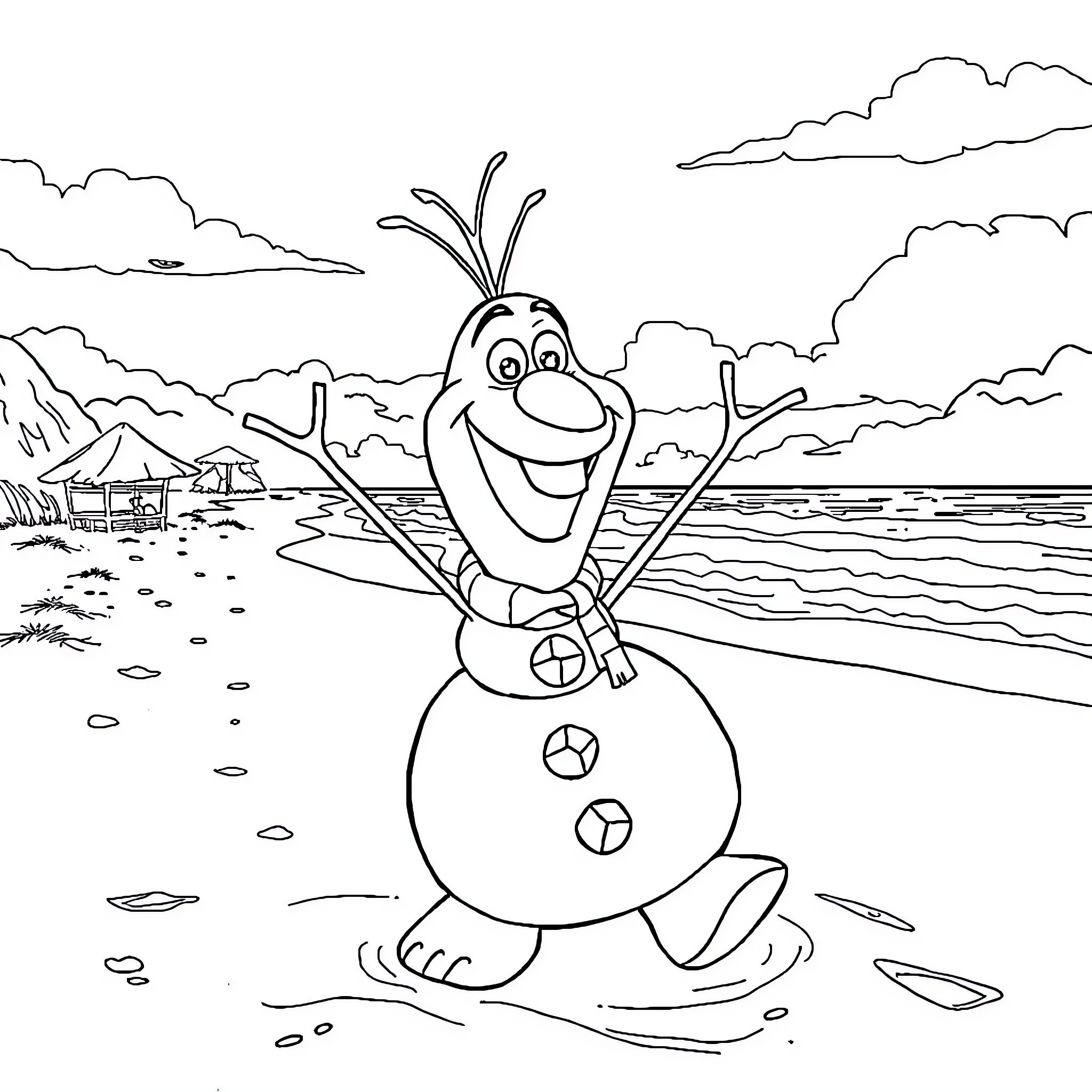 Olaf enjoying the beach and sunny day Coloring Page (free black-and-white line drawing printable PDF for all, from beginners to advanced learners, including children, teens, adults, and seniors)