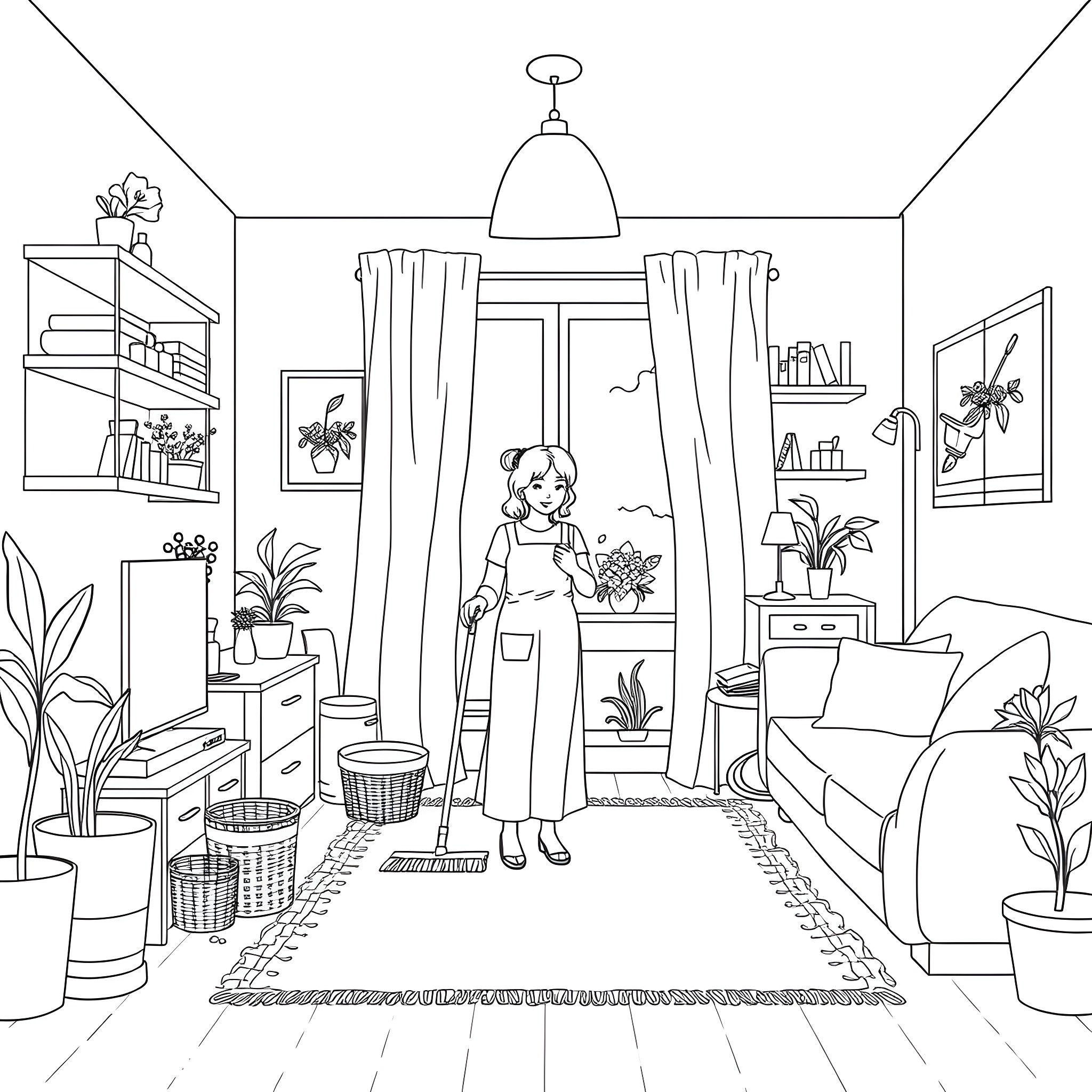 Mother caring for indoor plants in her home Coloring Page (free black-and-white line drawing printable PDF for all, from beginners to advanced learners, including children, teens, adults, and seniors)