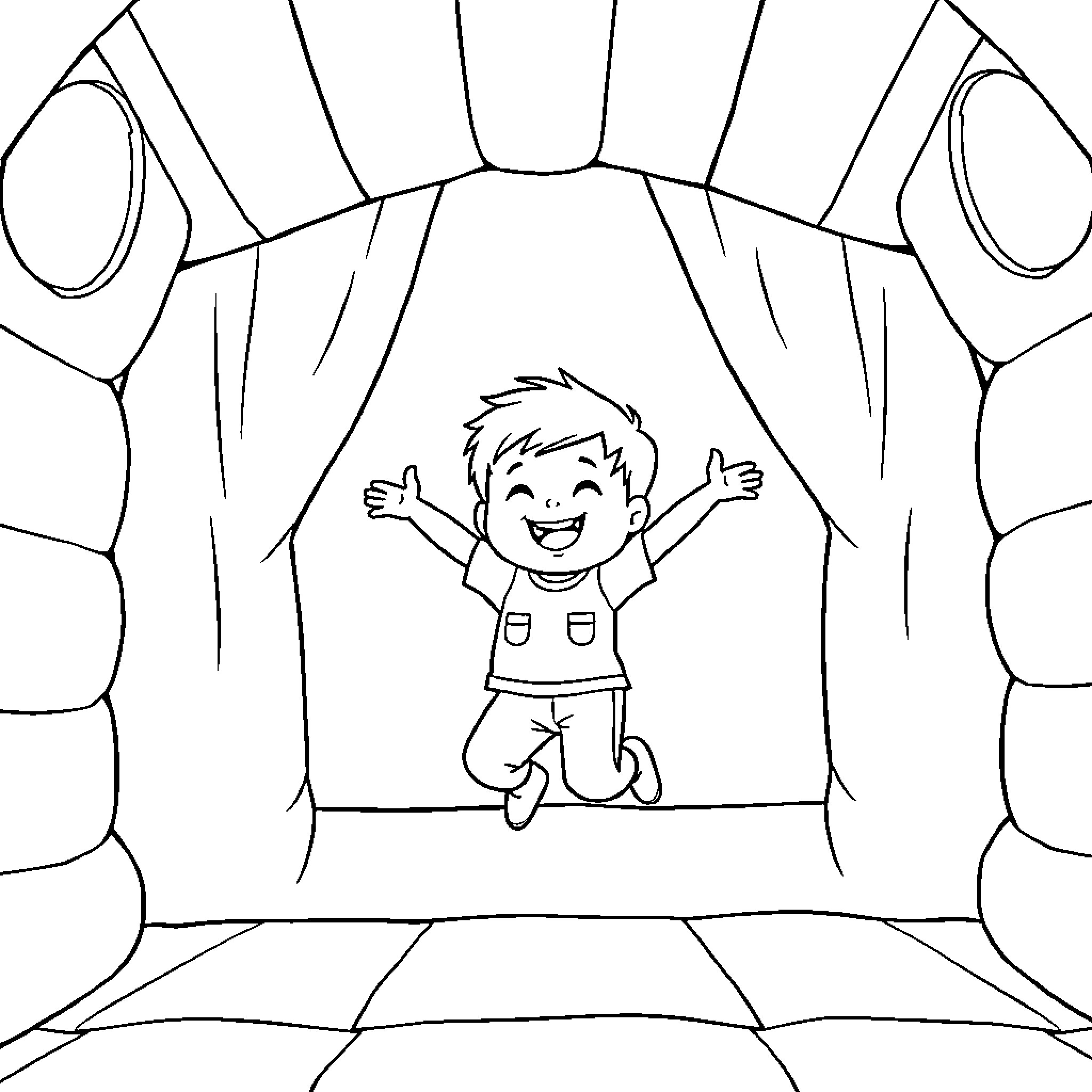 Boy happily jumping on a trampoline Coloring Page (free black-and-white line drawing printable PDF for all, from beginners to advanced learners, including children, teens, adults, and seniors)