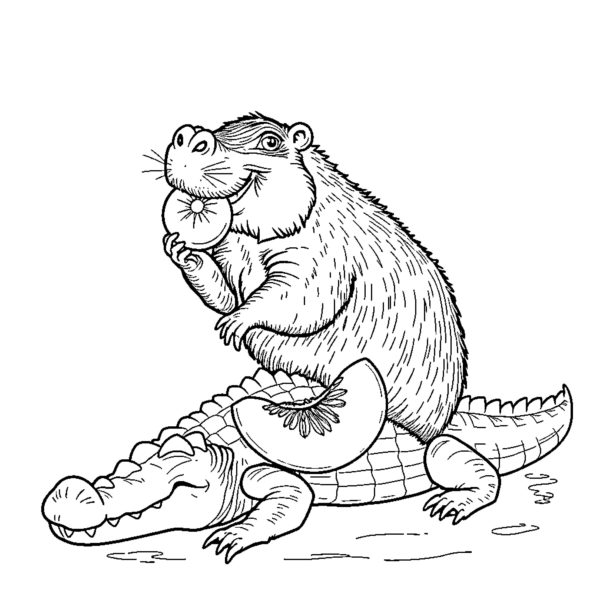 Capybara relaxing on crocodile Coloring Page (free black-and-white line drawing printable PDF for all, from beginners to advanced learners, including children, teens, adults, and seniors)