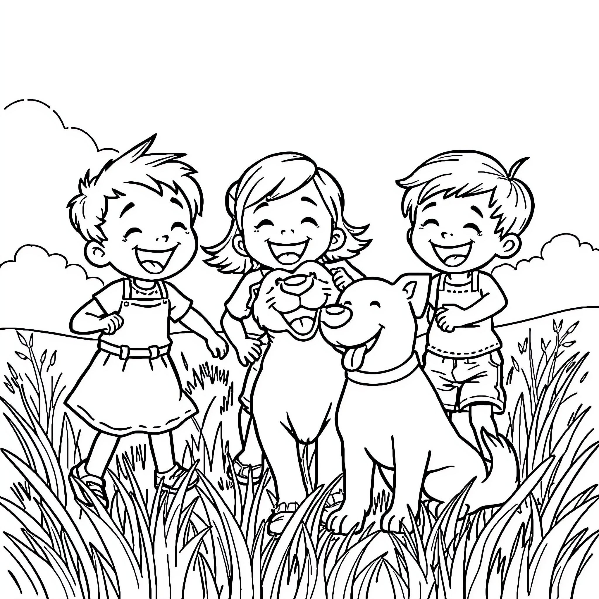 Kid friends playing happily with pet in the field Coloring Page (free black-and-white line drawing printable PDF for all, from beginners to advanced learners, including children, teens, adults, and seniors)
