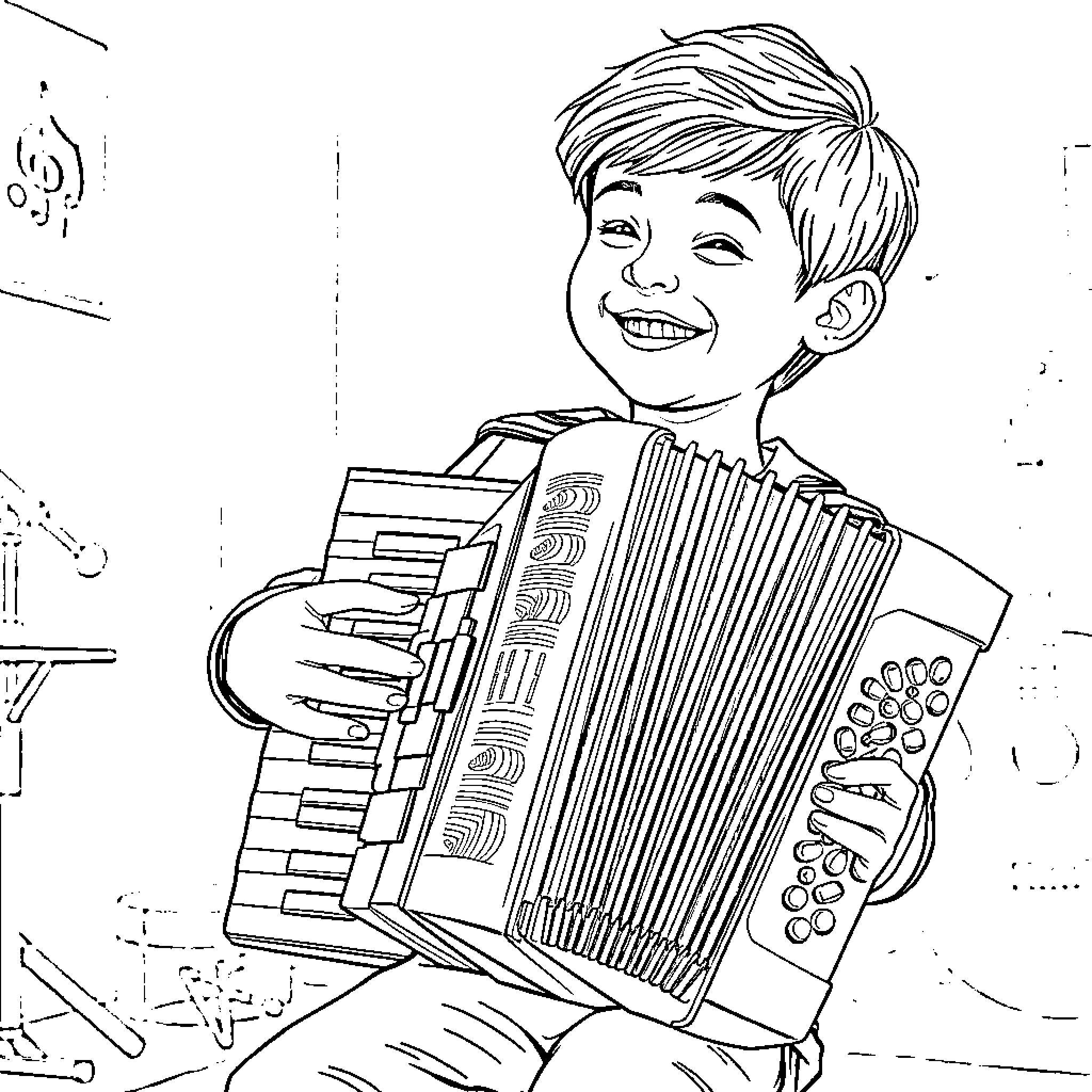 Child playing joyfully with an accordion Coloring Page (free black-and-white line drawing printable PDF for all, from beginners to advanced learners, including children, teens, adults, and seniors)