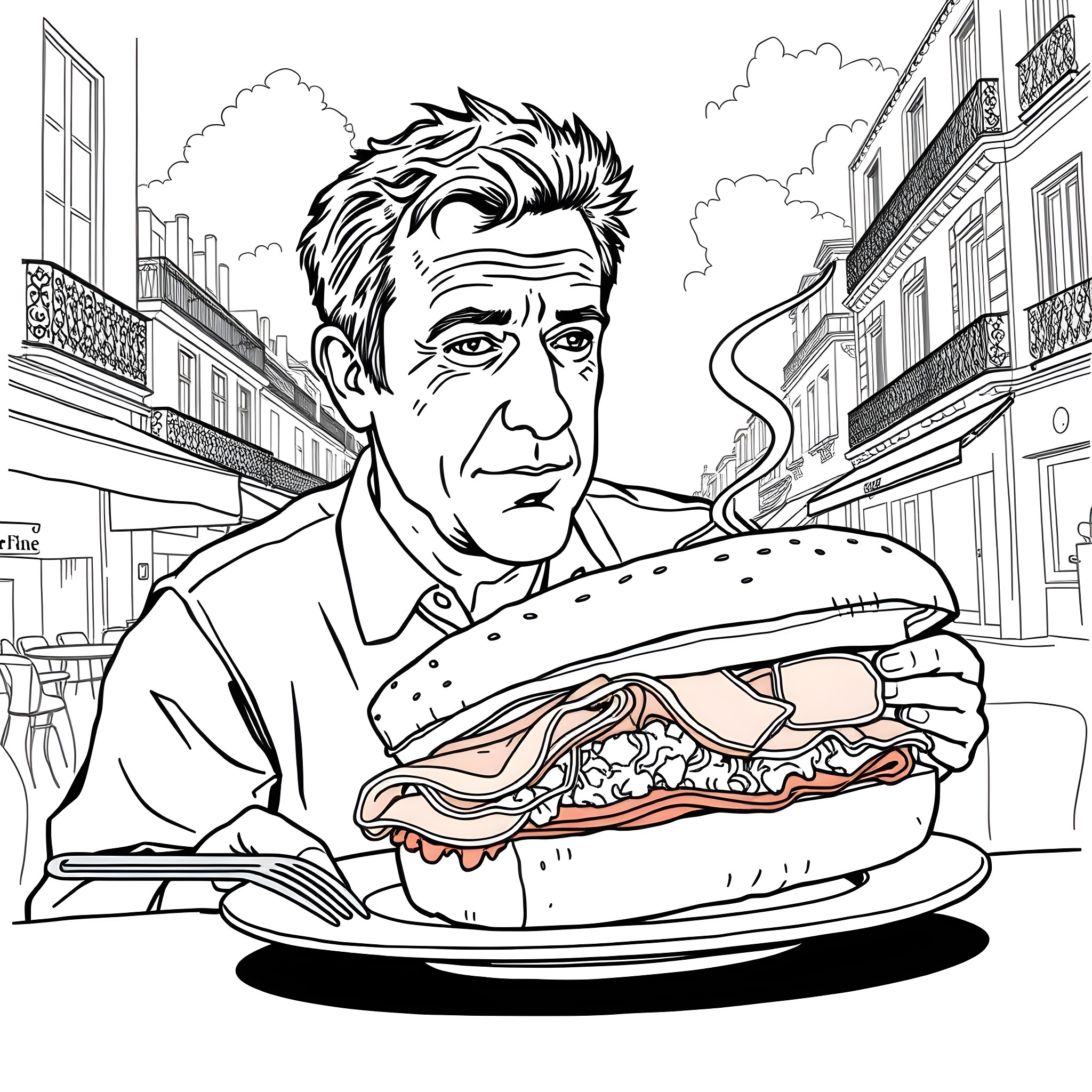 Anthony Bourdain enjoys a delectable sandwich on the city streets Coloring Page (free black-and-white line drawing printable PDF for all, from beginners to advanced learners, including children, teens, adults, and seniors)