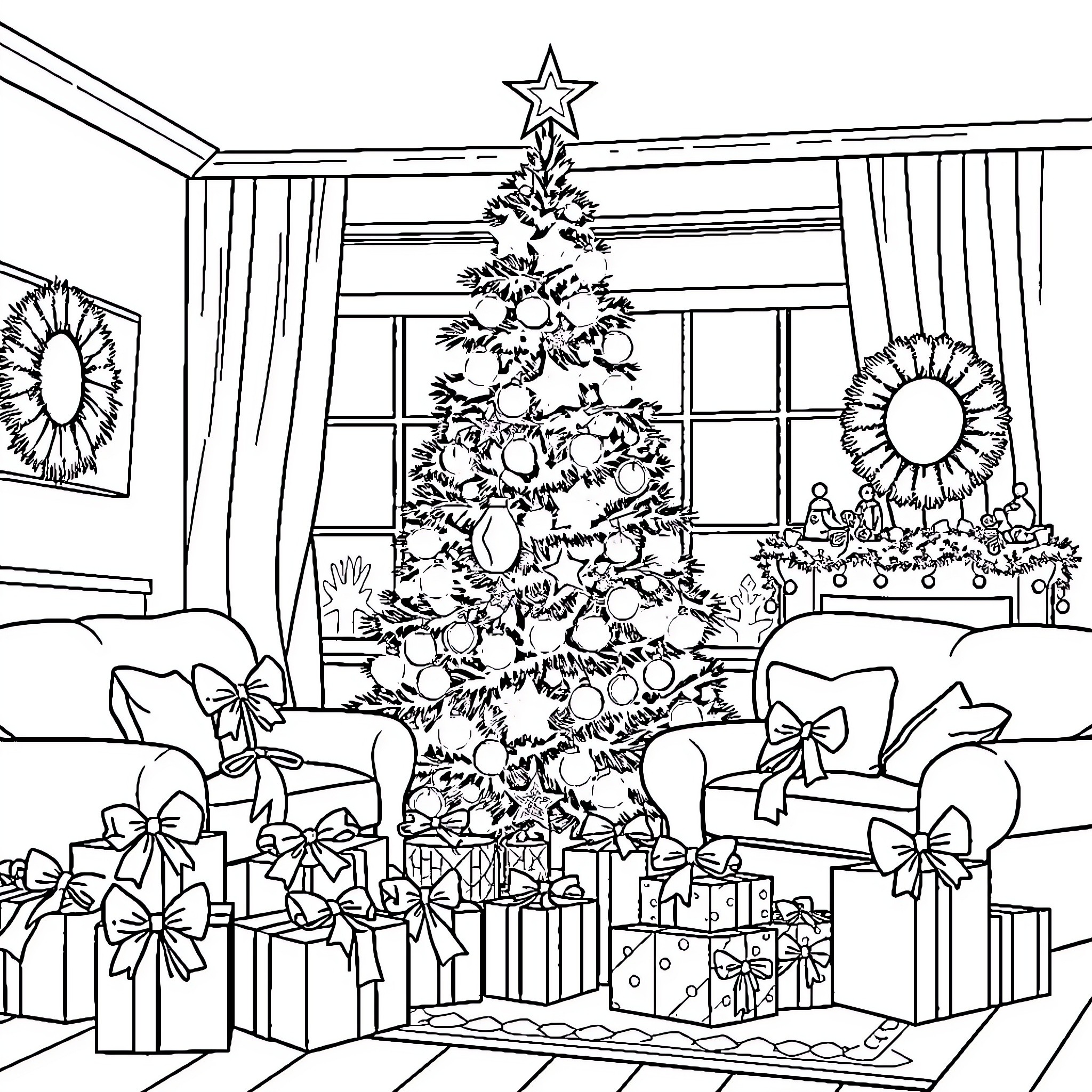 Living Room with Festive Christmas Tree and Presents Coloring Page (free black-and-white line drawing printable PDF for all, from beginners to advanced learners, including children, teens, adults, and seniors)