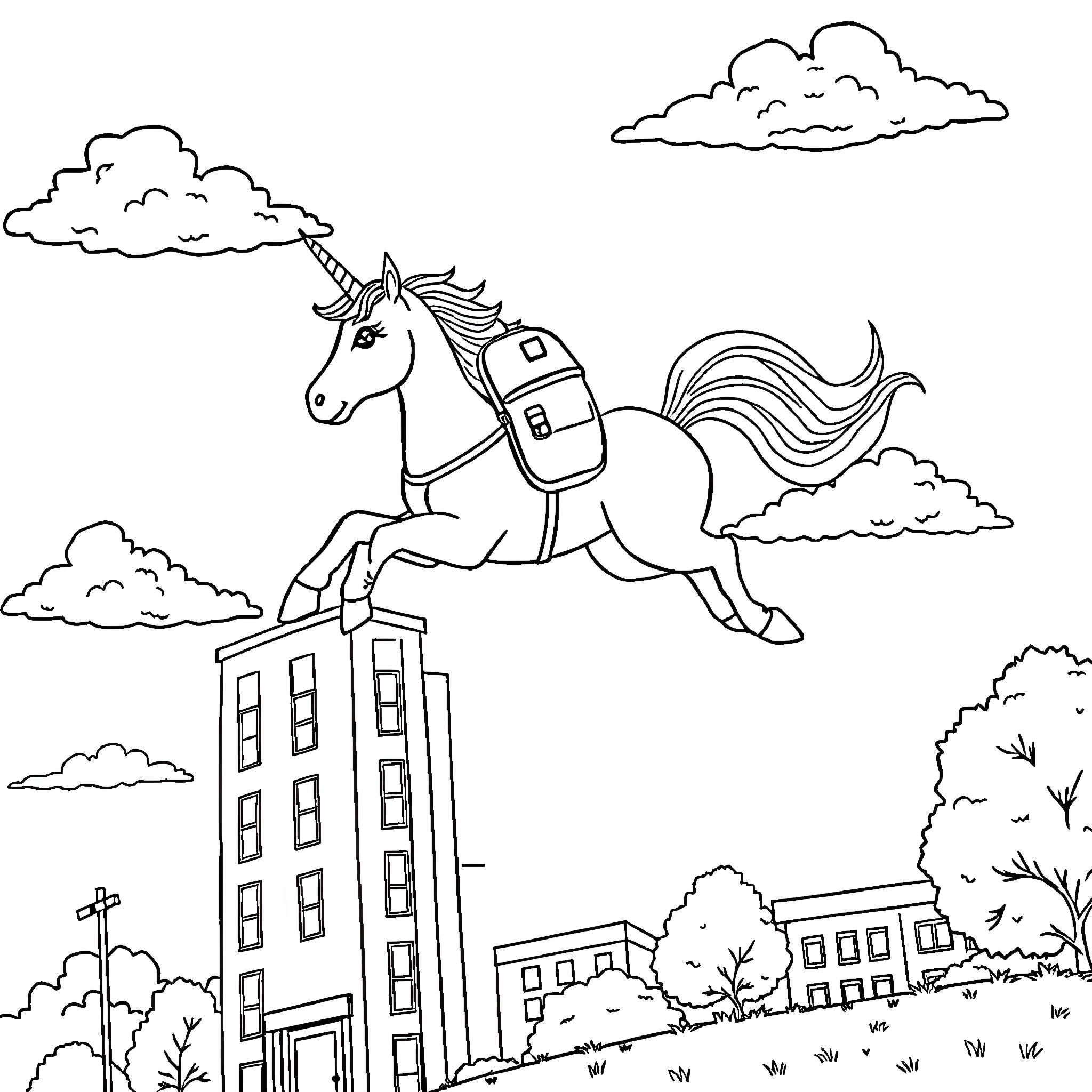 Unicorn riding a backpack through the city Coloring Page (free black-and-white line drawing printable PDF for all, from beginners to advanced learners, including children, teens, adults, and seniors)
